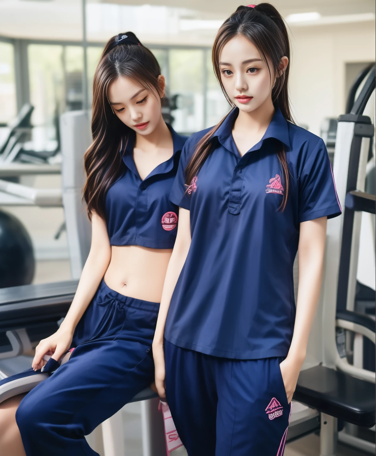 3 girls in fitness center, Navy blue short-sleeved shirt,Navy Long Trackpant,Sweatpants, Sweatpantsขายาว,25 year old girl, lesbian, sexy, exercise clothes, wet body, exercise clothes