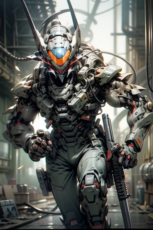 1humanoid machine human1duo of humans、Retro、body is made of metal、Rusty、oil is leaking、He has a big gun in both hands、shooting a gun at the viewer、Running on the road、In town、realistic、cowboy shot、dramatic、masterpiece、High definition、High and fine、Depth of bounds written、Natural light、side light、