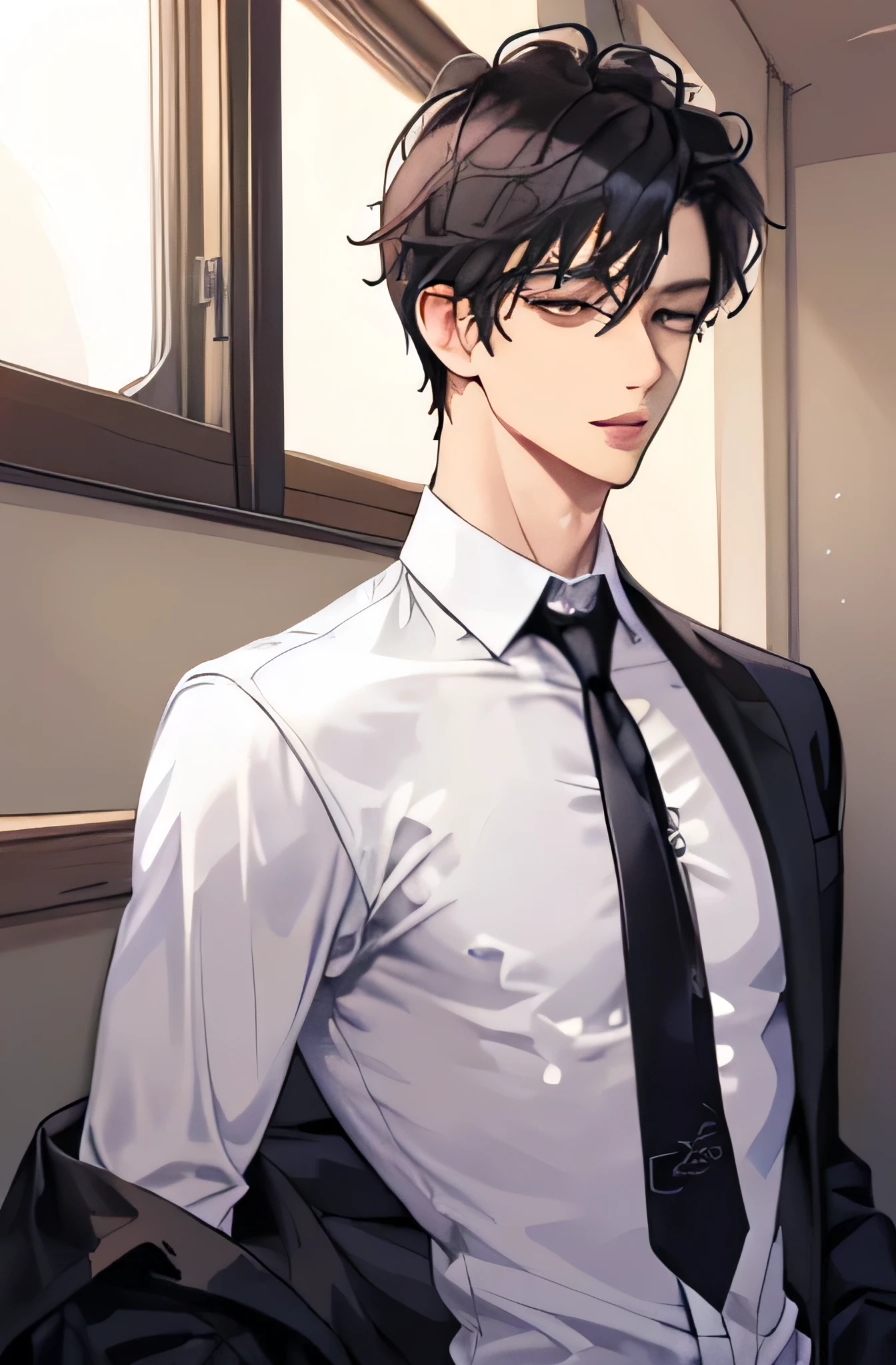 Romantic photo of man, taking off t shirt. necktie. Open chest. Zayne Love and Deepsace. Black hair, handsome face. Half body picture. bussinessman