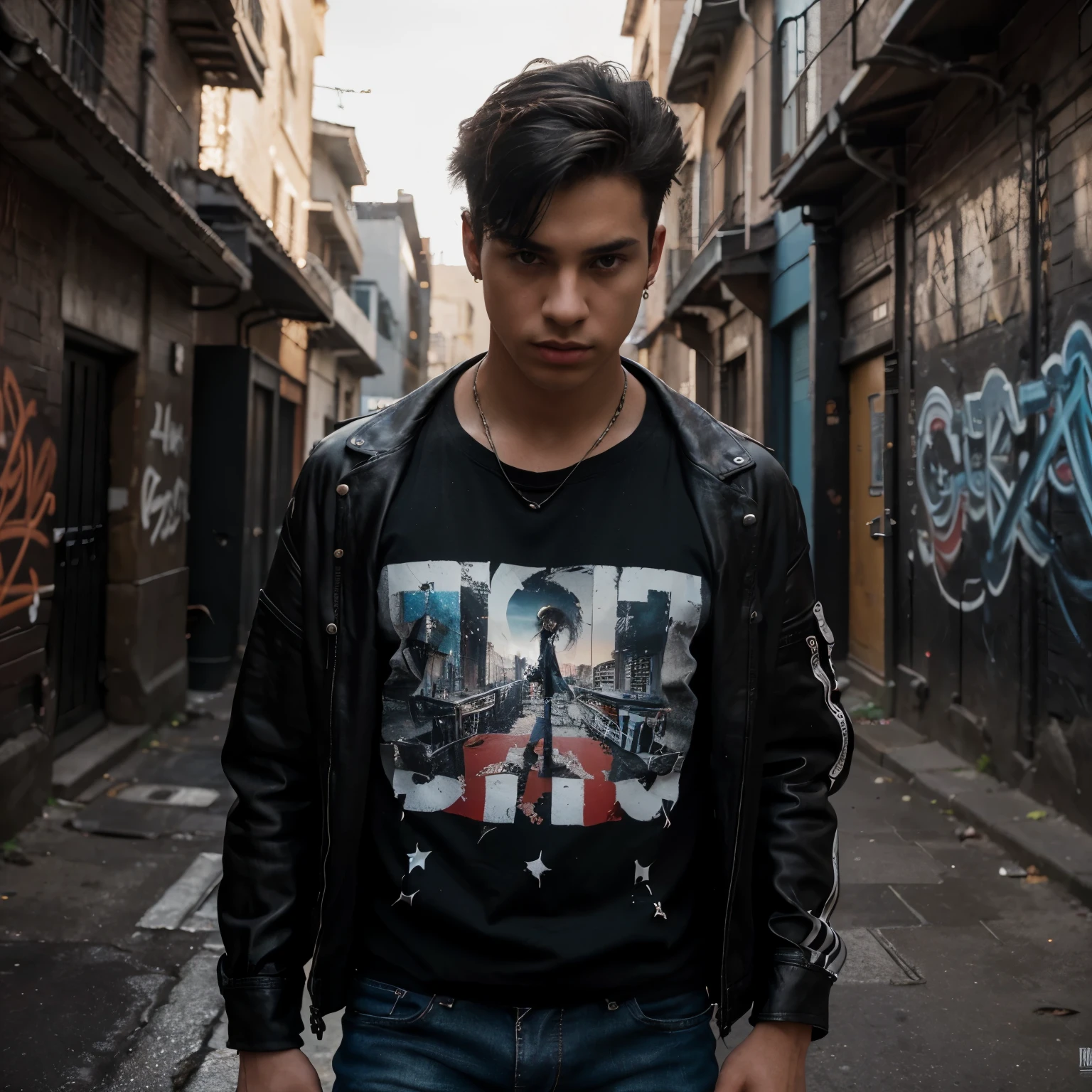 (best quality,4k,8k,highres,masterpiece:1.2),ultra-detailed,(realistic,photorealistic,photo-realistic:1.37),A 19 years old boy with black hair and white skin,detailed eyes and face,bad boy outfit,strong and rebellious expression,standing in a dimly lit alleyway,graffiti-covered walls in the background,the boy radiates confidence and attitude,artistic rendering with rich textures and vibrant colors,urban street style,emphasis on shadows and contrast,his hair falls perfectly against his forehead,his outfit consists of a leather jacket,torn jeans,and a graphic t-shirt,backlighting enhances the intensity of the scene,atmospheric fog adds a mysterious and edgy vibe,the boy's piercing gaze captures the viewer's attention,creating a sense of intrigue and curiosity,overall color palette of cool tones with pops of vibrant hues,professional quality with exquisite attention to detail,stunning lighting effects and dynamic composition.