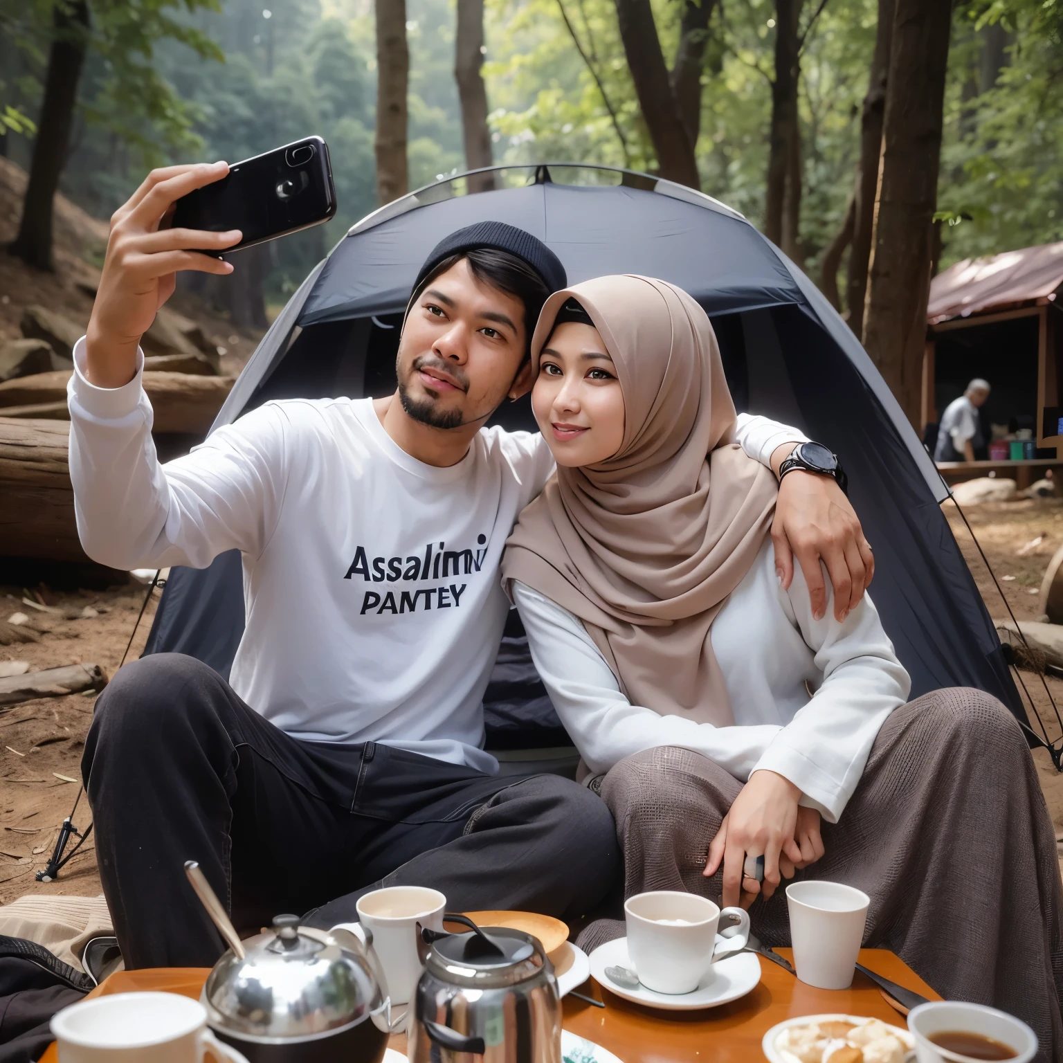 muslim couple taking selfie in tent with coffee and tea, by Basuki Abdullah, couple, lovely couple, camping, in a scenic background, selfie photography, happy couple, inspired by Basuki Abdullah, ismail, muslim, selfie photo, selfie, instagram picture, semi realism, couple pose, foto, by Abidin Dino, by Ismail Acar, in love selfie