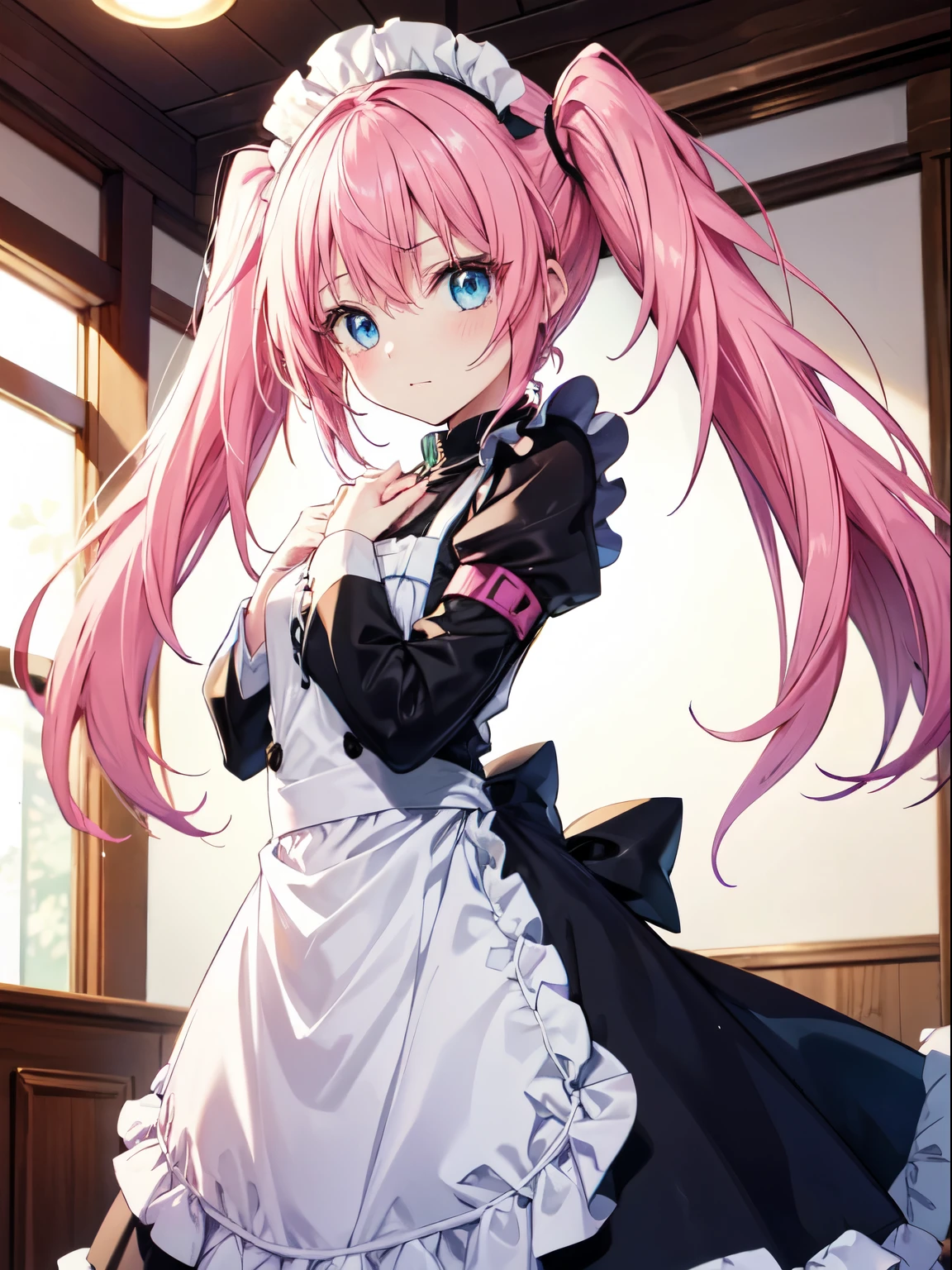 1 female、tensei shitara slime datta ken（((milim nava))), Demon King、milim navaの傑作の本体、high quality、maid Cafe、Accurate Mirim Surface Area、blue eyes、behold evil、pink hairの、pink hair, long hair, twin tails,8k images、cute maid clothes、Dress correctly、best pictures、cowboy shot、[3D images:1.25],[[charming eyes,detailed eye、shining eyes, colorful eyes:1.25]]、hand on chest、whole、Front view、solo、best pictures, soft light, charming eyes that make you feel sucked in