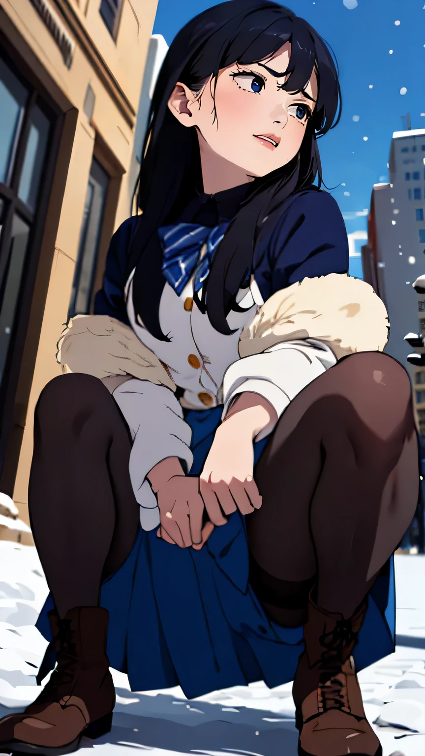 high-definition images, 8k, super detail, accurate, best quality, various composition, a woman, (winter clothes, fluffy jacket, skirt), (shy), looking away, (drooping eyes), (sleepy), earrings, spread her legs slightly, crouching and spread legs, ((showing off her crotch-area of pantyhose)) masturbation with her hand, dark hour of down, boots, downtown area, (((long-skirt-lining between her legs))),