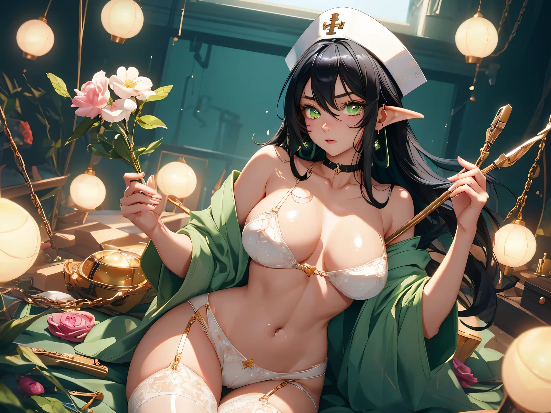 nsfw:1.1, high resolution:1.7, incredibly absurdres, kawaii:1, cute:1.5, hires.fix, anime visual:1, incredibly fine illustration,8k,masterpiece:1.2,best quality, high quality, exquisite, beautiful, insanely detailed, intricate detailed, extremely detailed, Super Definition, ultra high res, Super Resolution, best aesthetic, ultra detailed:1.5, best quality, perfect face, detailed face, masterpiece:1.2, illustration:1.2, 8k cg wallpaper, stunning art,absurdres,octane render,ultra hires,Japanese Actress,(Idol),18yo,Beautiful,(Cute and lovely),cute girl,((anime elf with extremely cute and beautiful black hair)),long hair,hime_cut,((((black hair:1.35,colored inner hair,ear breathing)))),(((green_eyes:1.3))),intricate eyes,beautiful detailed eyes,symmetrical eyes,big eyes:1.5,enchanting bright eyes studded with gold and silver dust,(((pinky skin,glowing_skin,lustrous skin:1.5,bright skin: 1.5,skin tanned,shiny skin,very shiny skin,shiny body,plastic glitter skin,exaggerated shiny skin,illuminated skin))),upward breasts,waist slender,(detailed body,(detailed face)),cute,daring,zettai ryouiki,show skin,best relationship with four fingers and one thumb,Very Fine Face and Eyes,Very Fine Hair,(Perfect Anatomy),((girl trembling with sexual climax)),Garter Belt,Bare shoulders,Check out our thru-rack chokers and midi rings with chains,(elf,medium breasts),nurse hat,nurse clothes,open clothes, no pants, spread legs, kupaa, pussy juice, ((spread pussy)), hospital, bed, (((lying))), embarrassing, blushing, (groin focus)