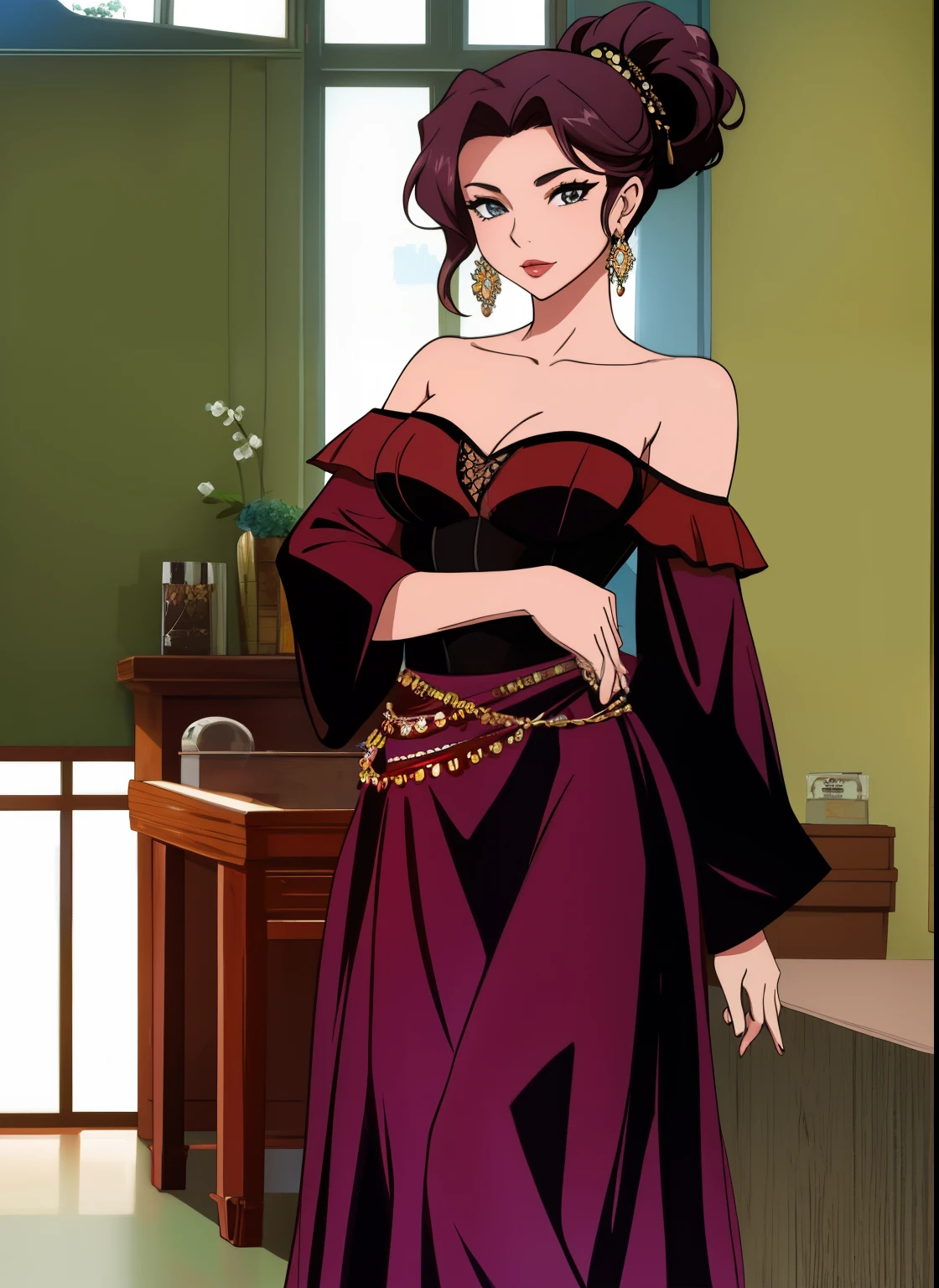 Sexy woman posing gracefully in a chiffon off-shoulder bustier, paired with an elegant skirt.
