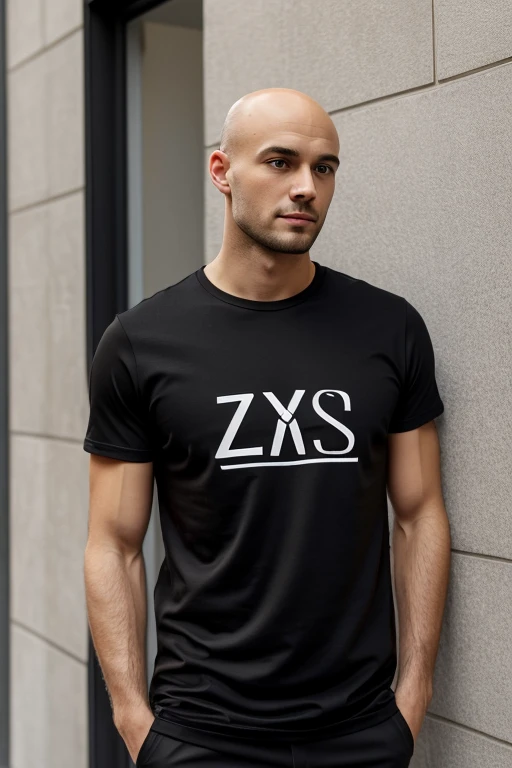 Bald young man of European appearance, in clean new clothes, wearing a black T-shirt with the inscription "ZemsPRO", the letters "Zems" are white and the letters "PRO" are red --s 750 --v 6.0