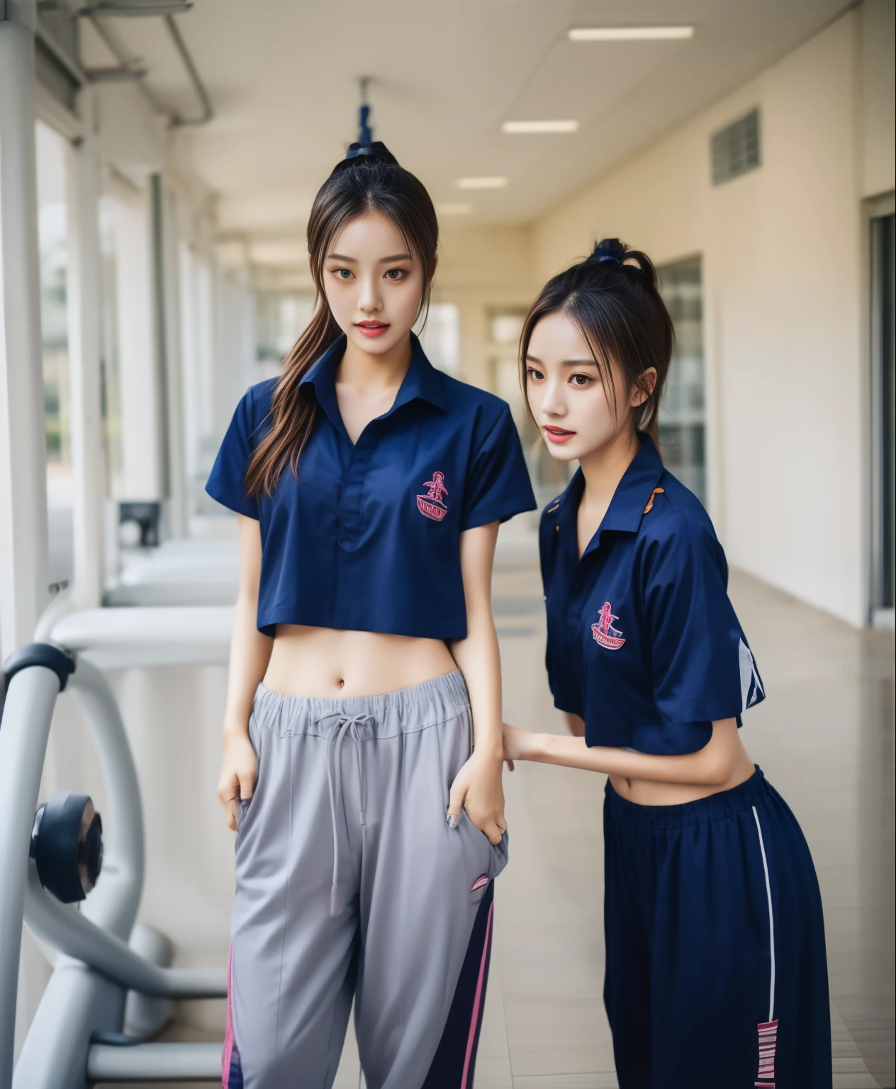 3 girls in fitness center, Navy blue short-sleeved shirt,Navy Long Trackpant,Sweatpants, Sweatpantsขายาว,25 year old girl, lesbian, sexy, exercise clothes, wet body, exercise clothes