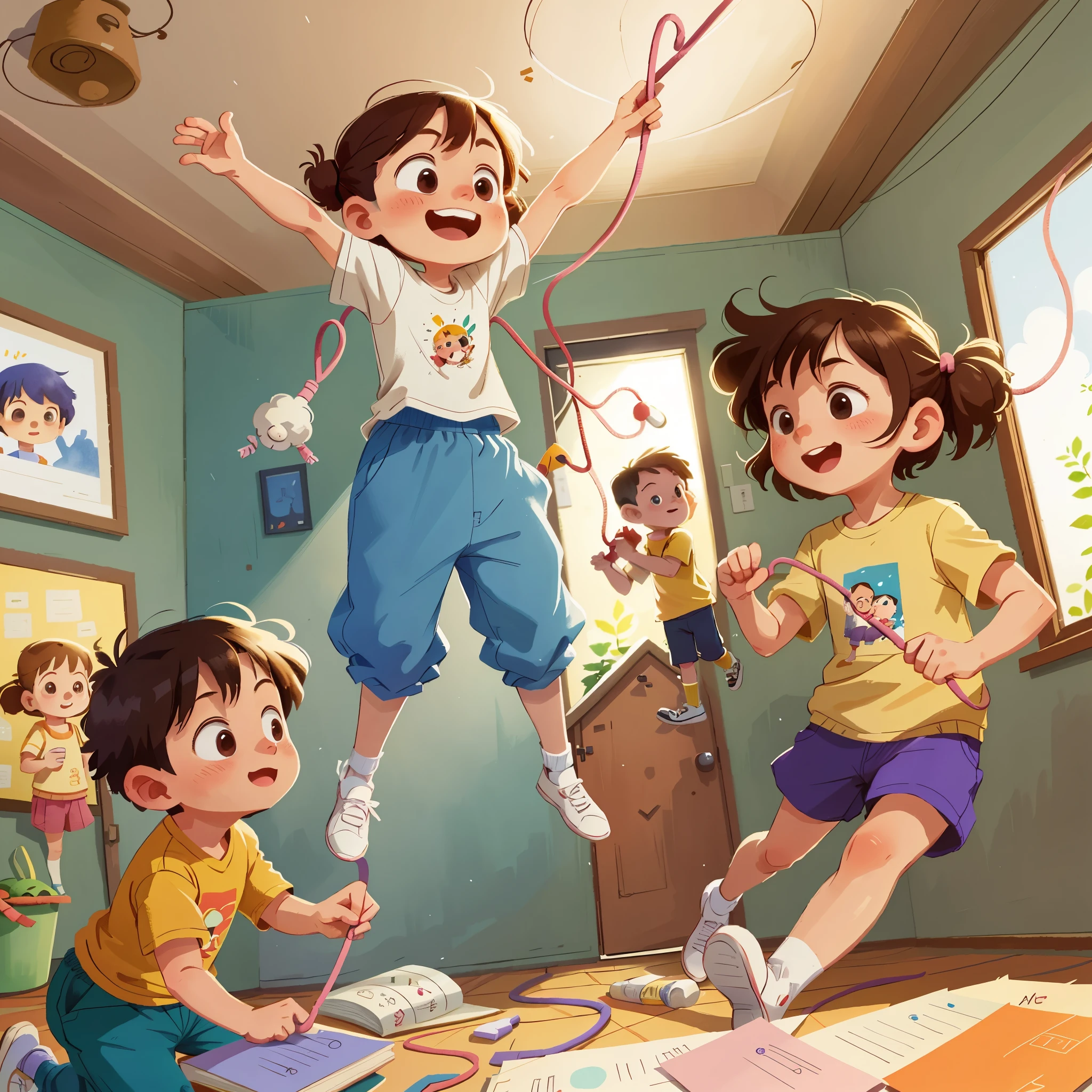 In a cozy house,four children,Skipping rope around the house,Remove people from background,happy atmosphere (Amanda Clark and A. J. Watercolor illustration by Carson),Minimalism