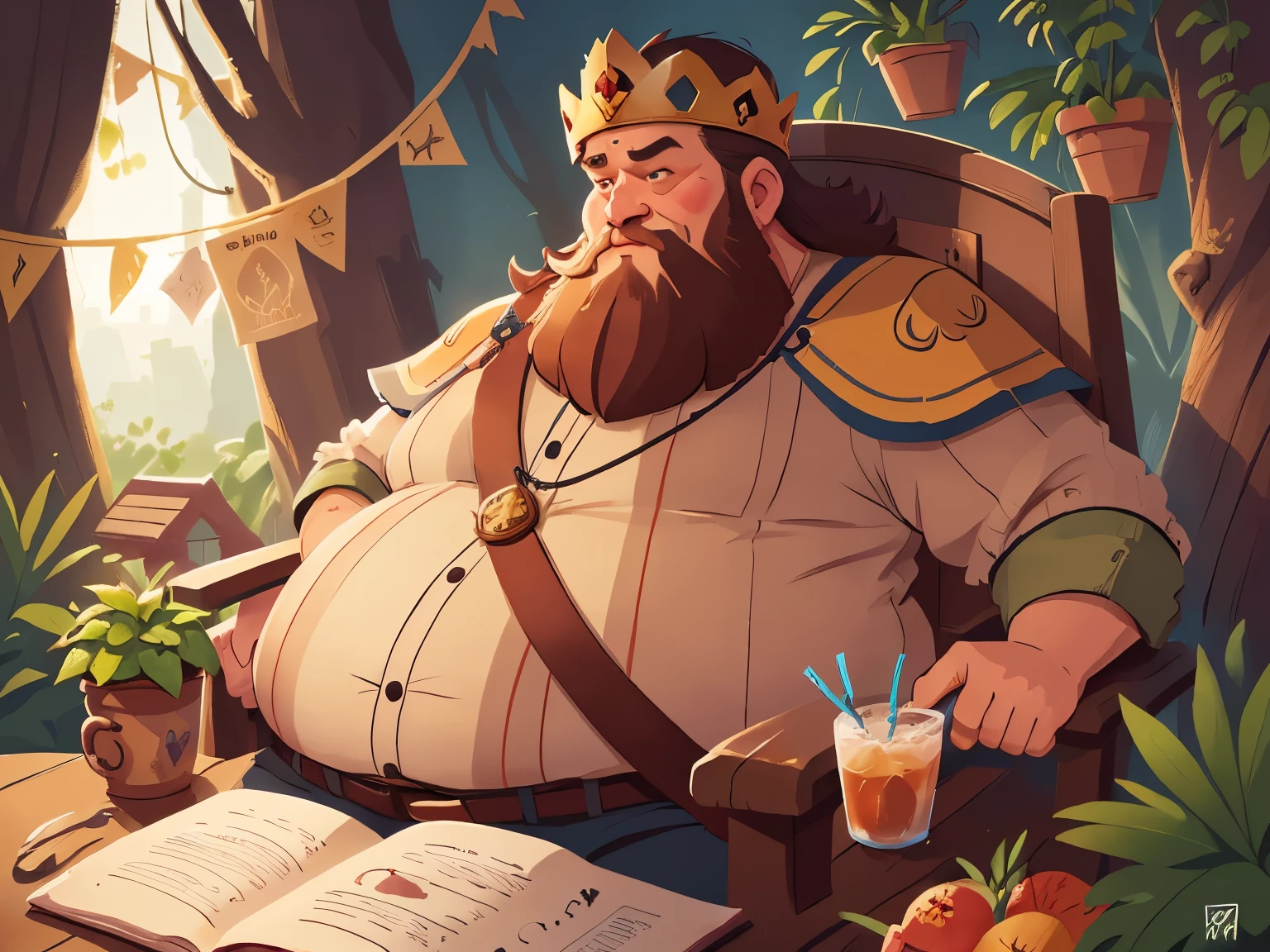 ,Medieval Europe, medieval clothing, ancient times,(A fat king sat in his chair, holding a crown, palace, close-up, beard, and short brown hair in his hand:1.5),((blonde hair)), watercolor, medieval style,