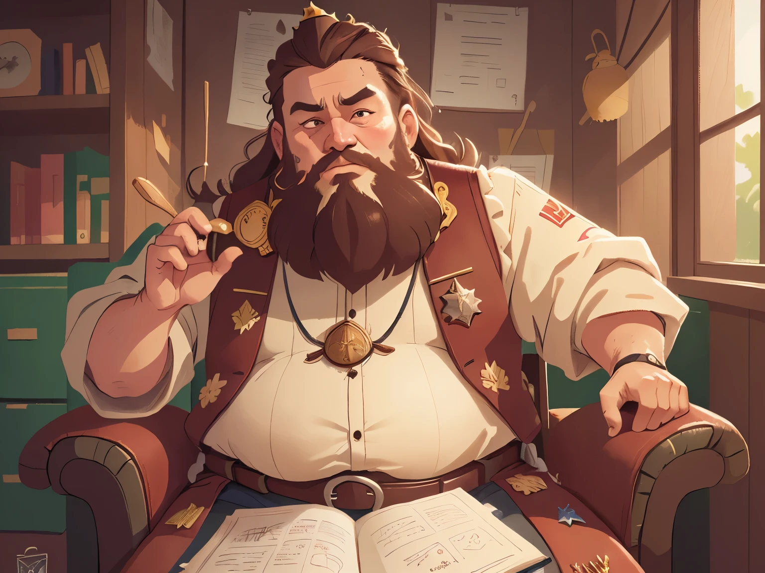 holding a crown,Medieval Europe, medieval clothing, ancient times,(A fat king sat in his chair, holding a crown, palace, close-up, beard, and short brown hair in his hand:1.5),((blonde hair)), watercolor, medieval style,