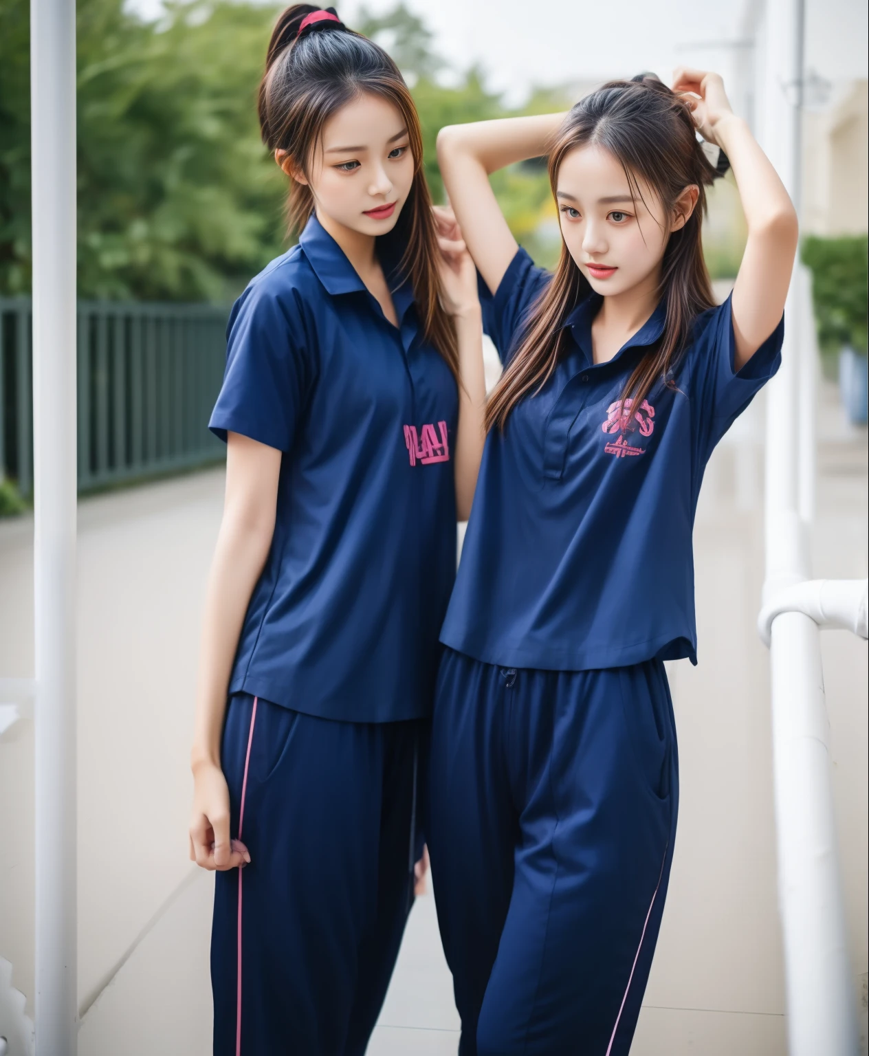 3 girls in fitness center, Navy blue short-sleeved shirt,Navy Long Trackpant,Sweatpants, Sweatpantsขายาว,25 year old girl, lesbian, sexy, exercise clothes, wet body, exercise clothes
