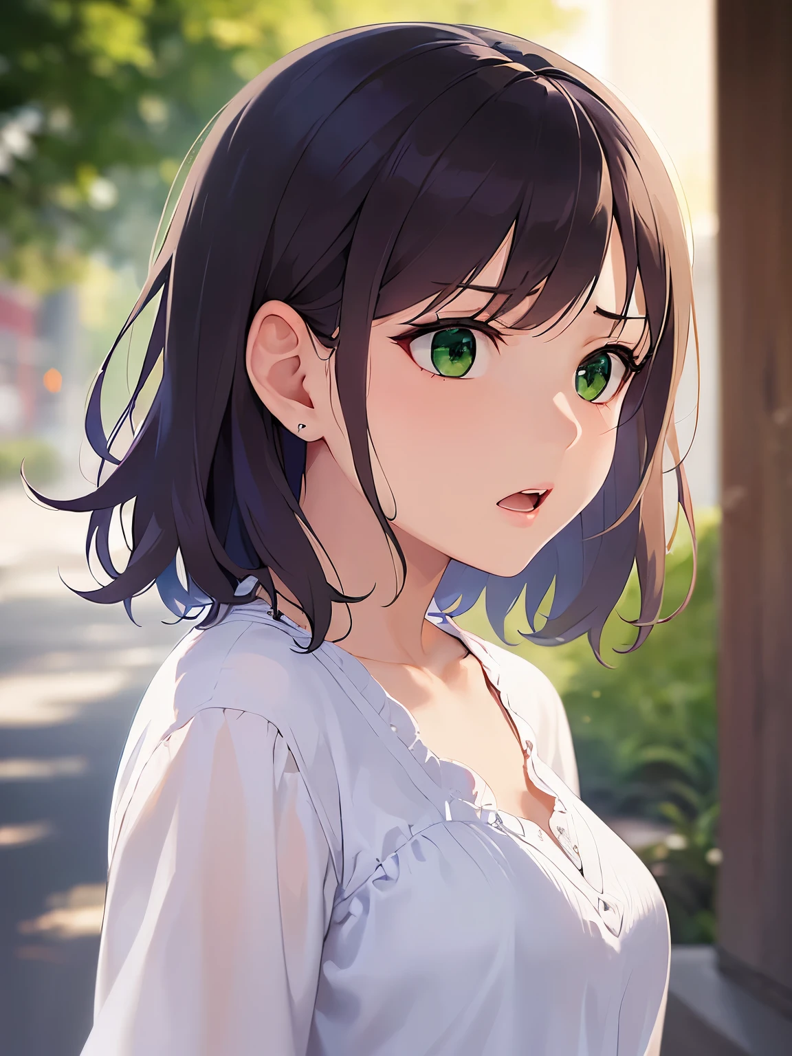 (looking away:1.5), side angle, medium shot, Realistic, real person, RAW photo, photorealistic, portrait photography, shiny skin, japanese idol、(前髪がある20歳の女性), (green eyes:1.5) and (brown hair) and (bob cut) and (wavy hair), (White Short sleeved blouse:1.3)、(annoyed:1.2), open mouth, 一人きり、立っている、背景は外