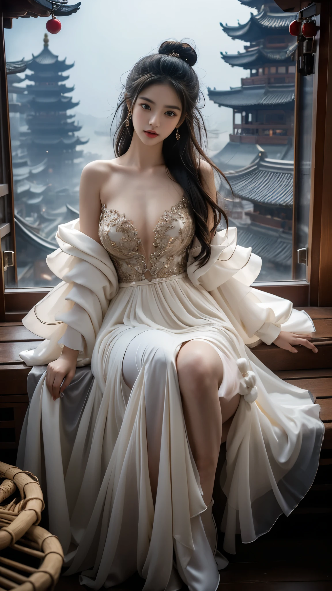 elaborate Hanfu ((gufeng, bare shoulders)),(masterpiece, best quality:1.2), 1girl, solo, In the depths of Wonderland,The moonlight falls like water,foggy room,The figure of the heroine is vaguely visible,Just like the fairy in the painting,Slender sexy legs,Very nice legs,Leaking sexy legs,Big breasts,美丽而又带着一丝mystery的色彩。Her face is beautiful and delicate,Like finely carved jade,Showing otherworldly beauty。The eyebrows are picturesque,The waves in my eyes are like twinkling stars,Show the light of perseverance and wisdom。The bridge of the nose is straight,Lip color like cherry,The slightly raised corners of the mouth reveal confidence and calmness。Her face is well defined,The skin is as fair as jade,Reveals a healthy glow,Just like a fairy, she never eats fireworks in the world。Her makeup is light and delicate,Not too much embellishment,But enough to show her temperament and charm。Light-colored foundation brings out the transparency of the skin,A light eyebrow pencil outlines her perfect eyebrow shape,Eye makeup is eye shadow and eyeliner,Make her eyes brighter and more energetic。嘴唇涂上grace的口红,Adds a bit of charm and sophistication。她的衣服grace别致,Clothes flutter,It seems like it will be blown up by the wind at any time,drifting into the distance。既不失grace,Also showed her extraordinary skills。Rocking with her movements。Her hair is tied back casually,Secure it with a hosta,A few strands of hair are fluttering gently in the wind,Adds a bit of softness。Her figure is looming in the fairyland,宛如一道Big breasts美丽的风景线,attracted everyone's attention。She seems to be a fairy in wonderland,Big breasts美丽、grace、mystery、and full of power。