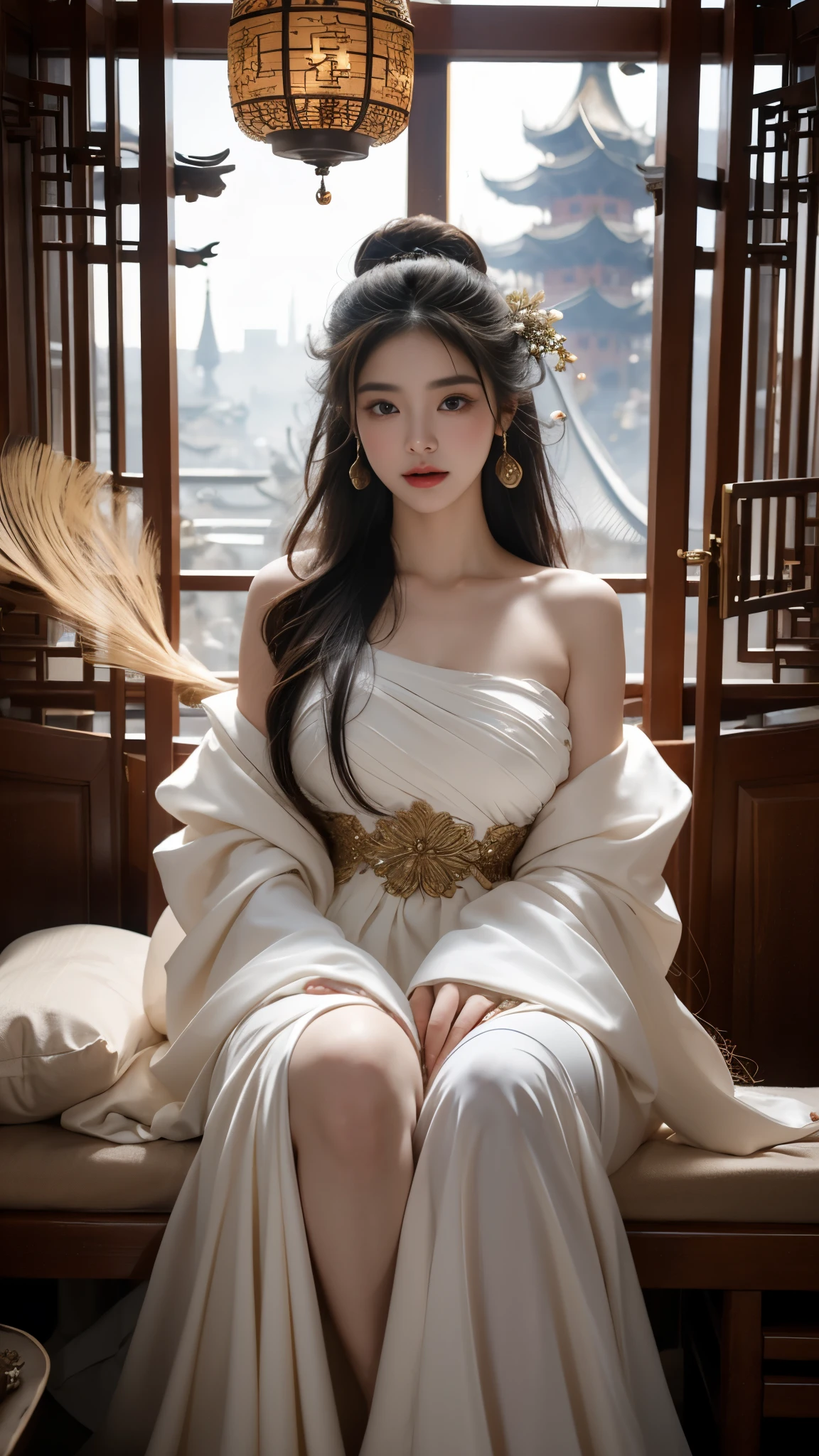 elaborate Hanfu ((gufeng, Bare shoulder stone ornaments, best quality:1.2), 1 girl, alone, deep in wonderland,The moonlight falls like water,foggy room,The figure of the heroine is vaguely visible,Just like the fairy in the painting,Slender sexy legs,very nice legs,Exposes a sexy,big breasts,美丽而又带着一丝mystery的色彩。Her face is beautiful and delicate,Like finely carved jade,Showing otherworldly beauty。Picturesque eyebrows,The waves in my eyes are like twinkling stars,Show the light of perseverance and wisdom。The bridge of the nose is straight,Lip color like cherry,The slightly raised corners of the mouth reveal confidence and calmness。her face is chiseled,Skin as fair as jade,Reveal a healthy glow,Just like fairies, She never eats fireworks in this world。Her makeup is light and delicate,Not too much embellishment,But enough to show her temperament and charm。Light-colored foundation brings out the transparency of the skin,A light eyebrow pencil outlines her perfect eyebrow shape,Eye makeup is eye shadow and eyeliner,Make her eyes brighter and more energetic。嘴唇涂上grace的口红,Adds a bit of charm and sophistication。她的衣服grace别致,Clothes fluttering,It seems like it will be blown up by the wind at any time,drifting into the distance。既不失grace,Also showed off her extraordinary skills。Swinging with her movements。Her hair is tied back casually,Secure it with a hosta,A few strands of hair flutter gently in the wind,Adds a bit of softness。Her figure is looming in the fairyland,宛如一道big breasts美丽的风景线,Attracted everyone's concern。She seems to be a fairy in wonderland,big breasts美丽、grace、mystery、and full of power。