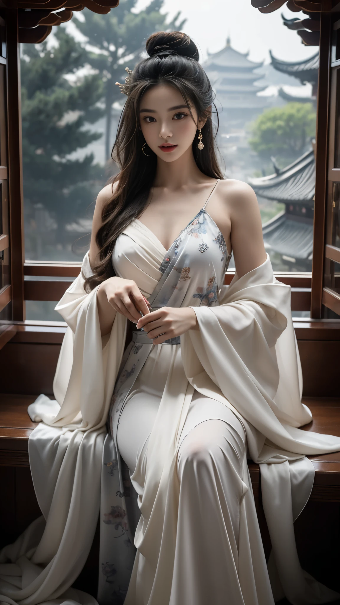 elaborate Hanfu ((gufeng, bare shoulders)),(masterpiece, best quality:1.2), 1girl, solo, In the depths of Wonderland,The moonlight falls like water,foggy room,The figure of the heroine is vaguely visible,Just like the fairy in the painting,Slender sexy legs,Very nice legs,Leaking sexy legs,Big breasts,美丽而又带着一丝mystery的色彩。Her face is beautiful and delicate,Like finely carved jade,Showing otherworldly beauty。The eyebrows are picturesque,The waves in my eyes are like twinkling stars,Show the light of perseverance and wisdom。The bridge of the nose is straight,Lip color like cherry,The slightly raised corners of the mouth reveal confidence and calmness。Her face is well defined,The skin is as fair as jade,Reveals a healthy glow,Just like a fairy, she never eats fireworks in the world。Her makeup is light and delicate,Not too much embellishment,But enough to show her temperament and charm。Light-colored foundation brings out the transparency of the skin,A light eyebrow pencil outlines her perfect eyebrow shape,Eye makeup is eye shadow and eyeliner,Make her eyes brighter and more energetic。嘴唇涂上grace的口红,Adds a bit of charm and sophistication。她的衣服grace别致,Clothes flutter,It seems like it will be blown up by the wind at any time,drifting into the distance。既不失grace,Also showed her extraordinary skills。Rocking with her movements。Her hair is tied back casually,Secure it with a hosta,A few strands of hair are fluttering gently in the wind,Adds a bit of softness。Her figure is looming in the fairyland,宛如一道Big breasts美丽的风景线,attracted everyone's attention。She seems to be a fairy in wonderland,Big breasts美丽、grace、mystery、and full of power。