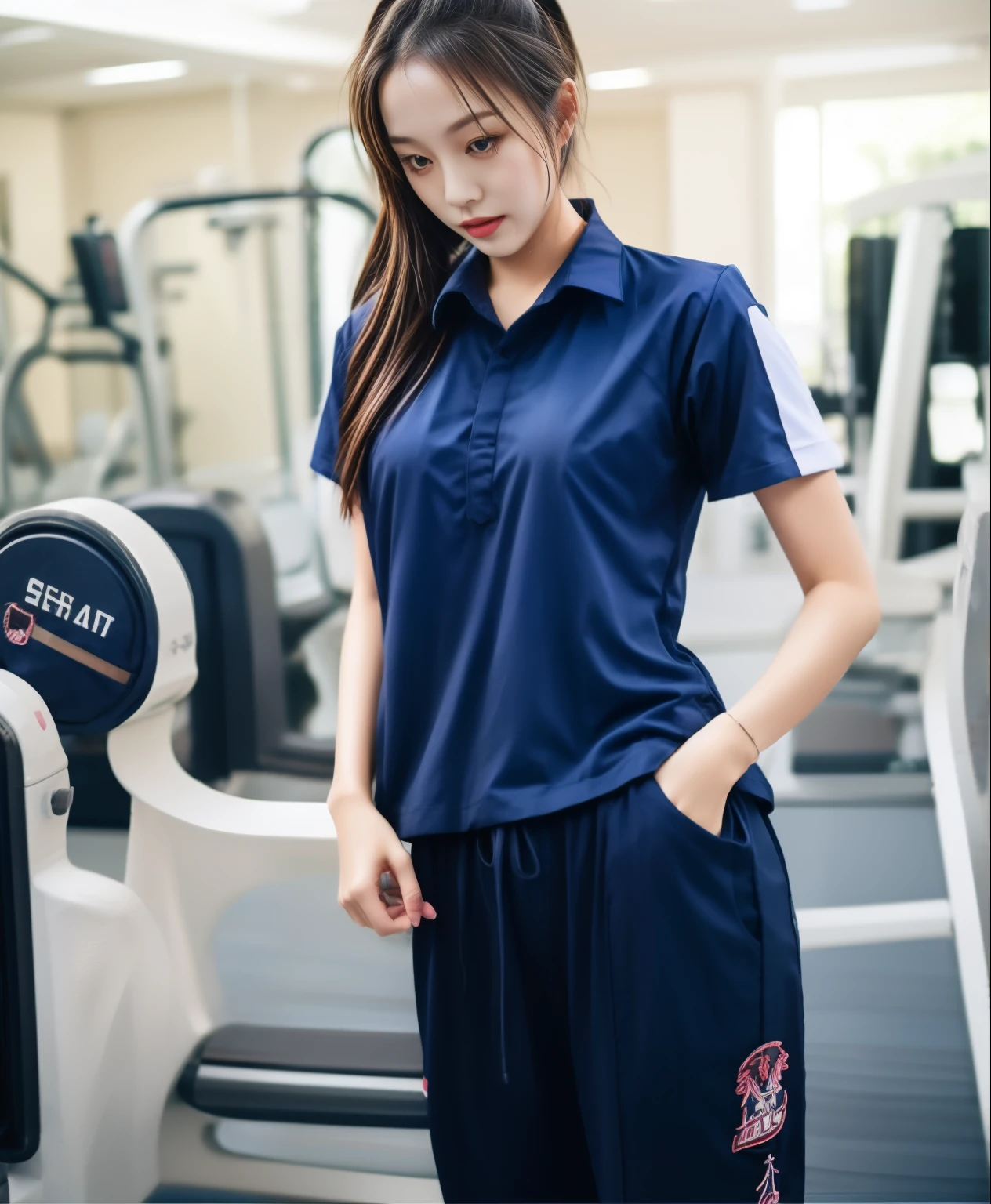 3 girls in fitness center, Navy blue short-sleeved shirt,Navy Long Trackpant,Sweatpants, Sweatpantsขายาว,25 year old girl, lesbian, sexy, exercise clothes, wet body, exercise clothes