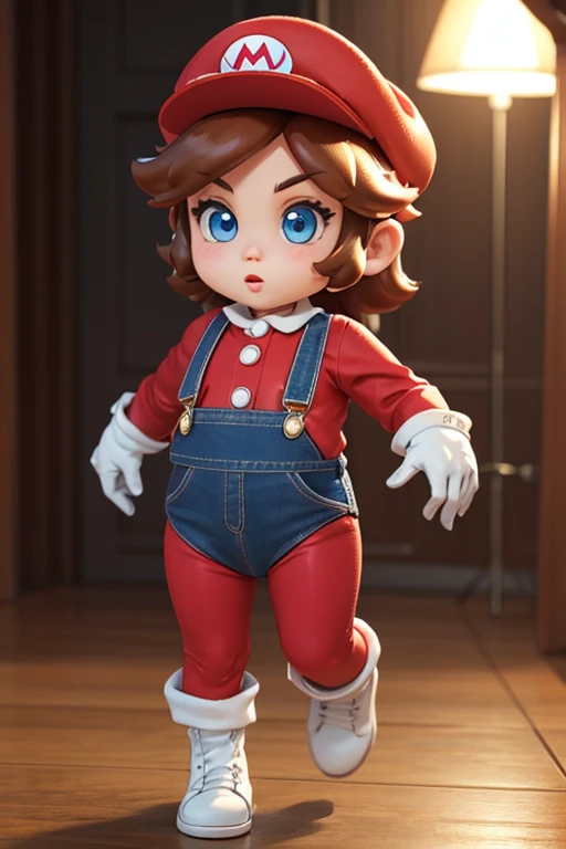 (female Mario), character design, Nintendo Super Mario, (blue eyes, red hat, red suit, blue suspenders, white gloves, )super cute blind box style, chibi, full body, exaggerated expressions and actions, clean background, bright iridescent highlights, studio lighting, atmospheric lighting, with exquisite texture, high detail, high resolution, c4d, 3D, Blender, 8k, best quality, ultra high definition