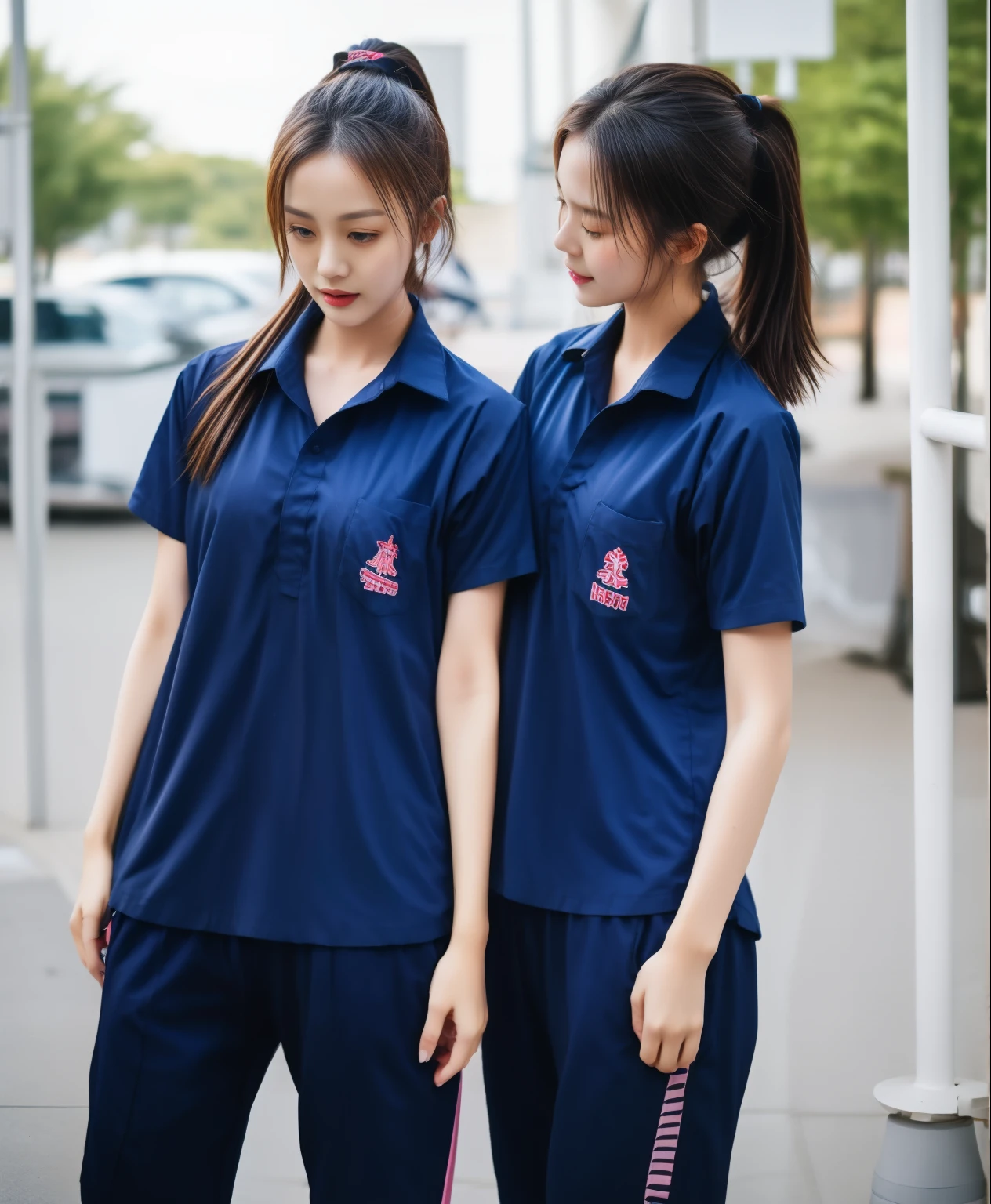 3 girls in fitness center, Navy blue short-sleeved shirt,Navy Long Trackpant,Sweatpants, Sweatpantsขายาว,25 year old girl, lesbian, sexy, exercise clothes, wet body, exercise clothes