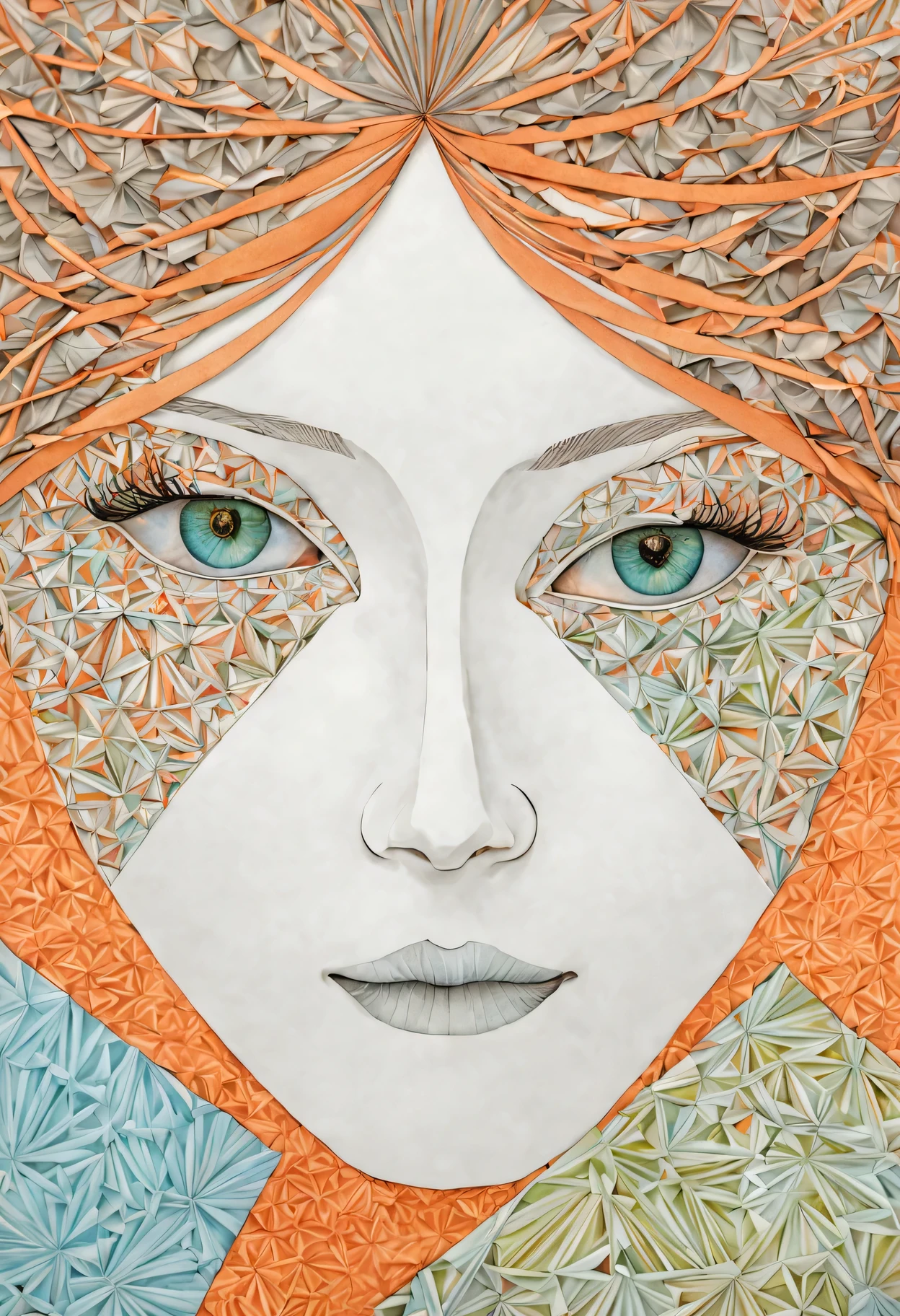 origami, zentangle, facial features, soft tone, orange, sky blue, green, gray, Brown, Haruka Fukuhara