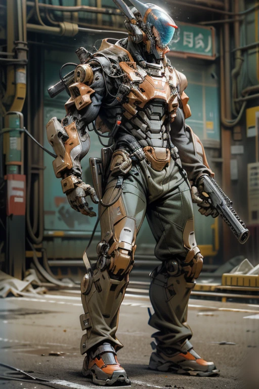 １humanoid machine human１duo of humans、Retro、body is made of metal、Rusty、oil is leaking、spineless helmet、powered suit、He has a big gun in both hands、shooting a gun at the camera、Running on the road、In town、realistic、cowboy shot、creates a dramatic、masterpiece、High definition、High and fine、Depth of bounds written、Natural light、side light、
