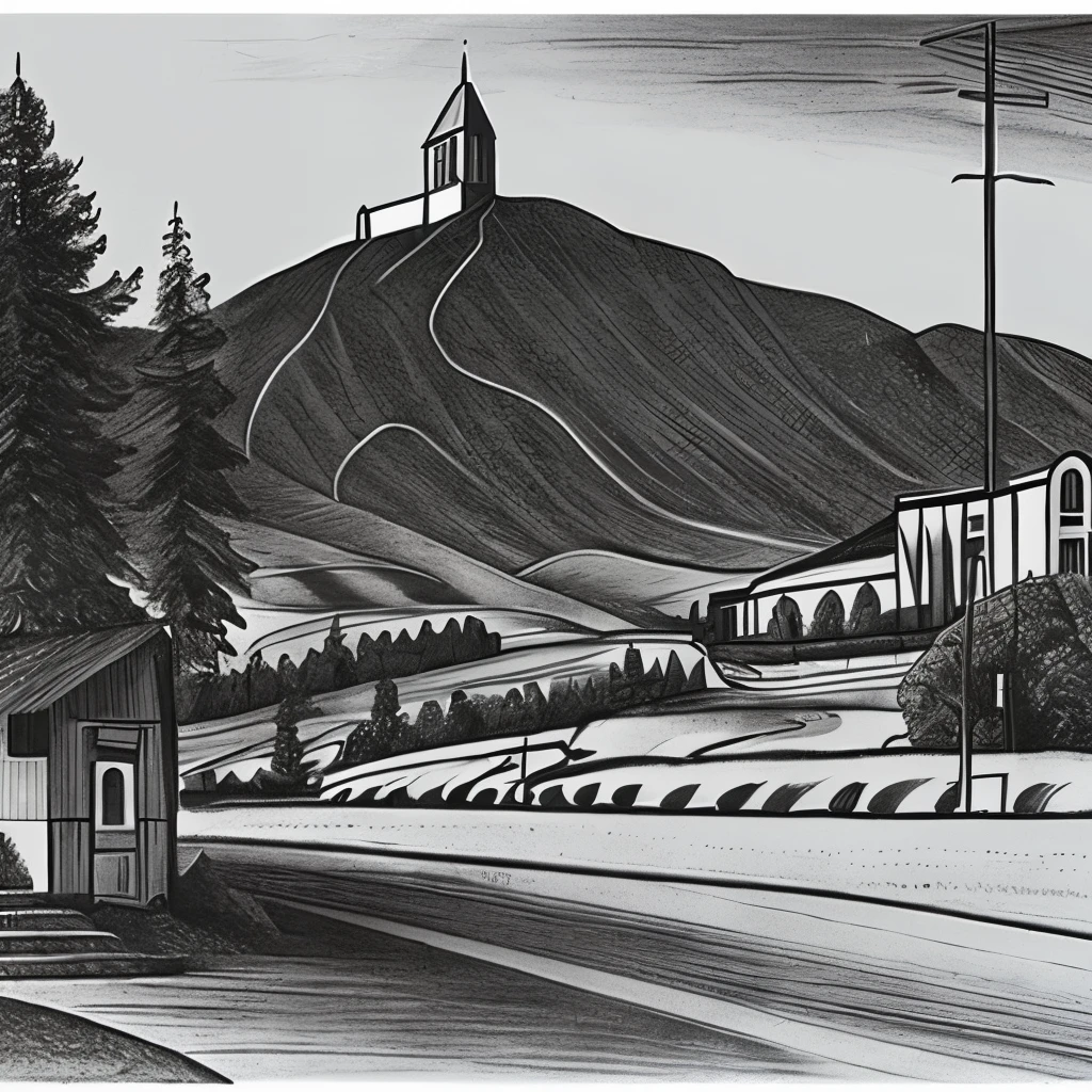 Hand pencil drawing, mountain background, church and electric pole foreground