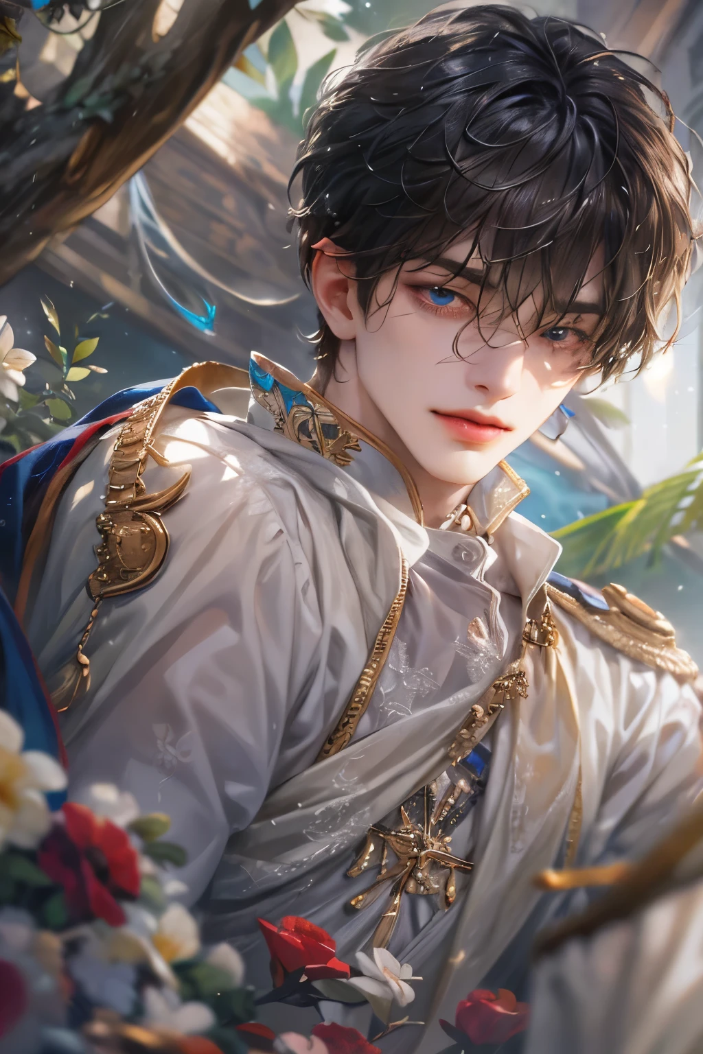 (absurdres, highres, ultra detailed, HDR), masterpiece, best quality, 1 boy , short hair, handsome face, anime eyes, prince from snow white, (handsome(from below:1.1)) detailed interior, detailed character