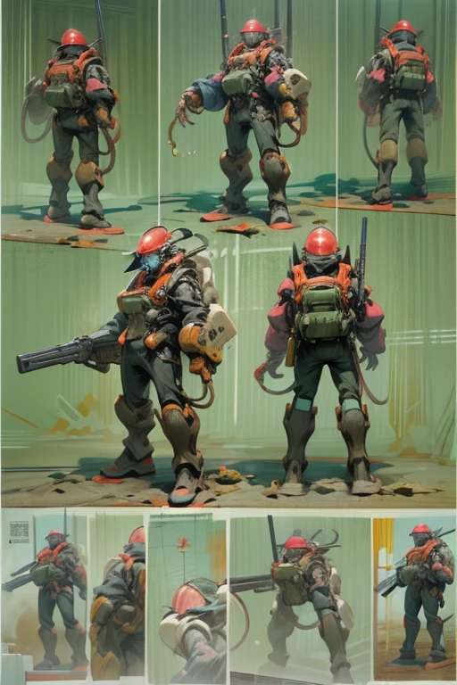 １humanoid machine human１duo of humans、Retro、body is made of metal、Rusty、oil is leaking、spineless helmet、powered suit、He has a big gun in both hands、shooting a gun at the camera、Running on the road、In town、realistic、cowboy shot、creates a dramatic、masterpiece、High definition、High and fine、Depth of bounds written、Natural light、side light、
