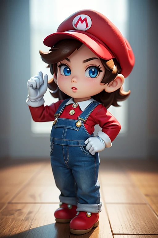 (female Mario), character design, Nintendo Super Mario, (blue eyes, red hat, red suit, blue suspenders, white gloves, )super cute blind box style, chibi, full body, exaggerated expressions and actions, clean background, bright iridescent highlights, studio lighting, atmospheric lighting, with exquisite texture, high detail, high resolution, c4d, 3D, Blender, 8k, best quality, ultra high definition