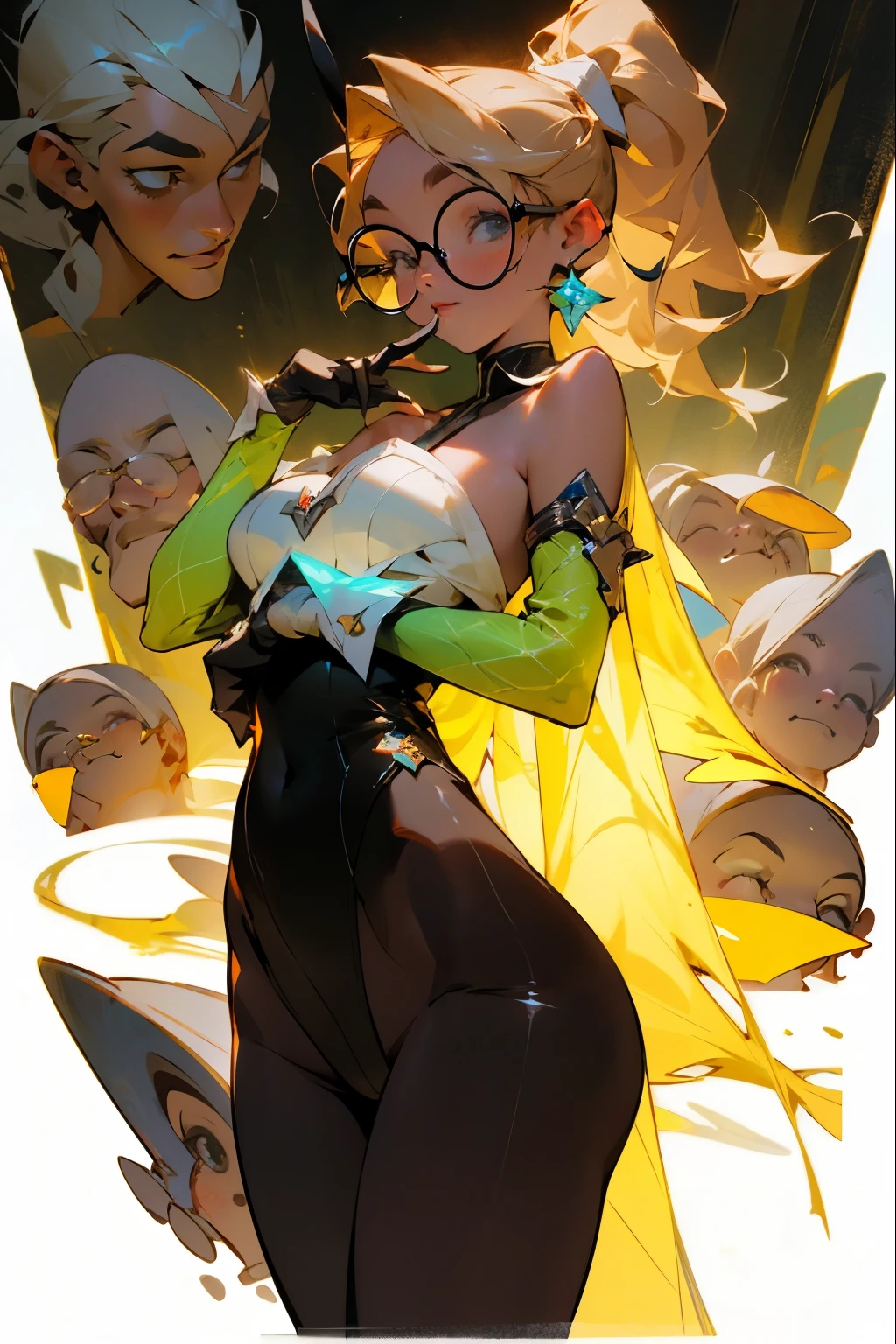 glow，masterpiece, beautiful, 4K, best quality, oil painting style， cute face, big breasts,  blonde，high ponytail，pointed ears，round frame glasses， black pantyhose, Black Bunny Girl costume，whole body，gorgeous,Get down