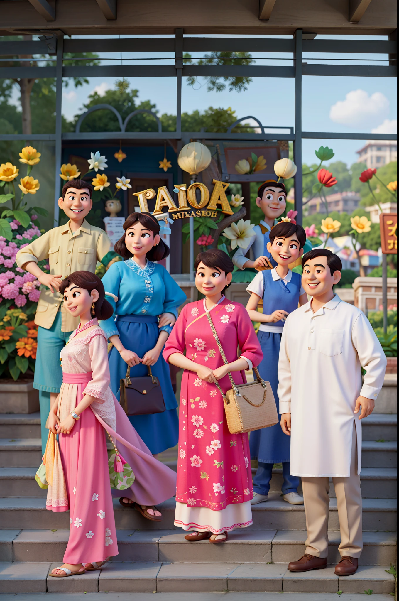 masterpiece， High quality, the best quality， smile， In front of the park stands a group of mature Vietnamese people, Delicate facial features, Pixar-style， CG， Cartoony， Film light and shadow，32K，masterpiece：1.5， perfect  detail