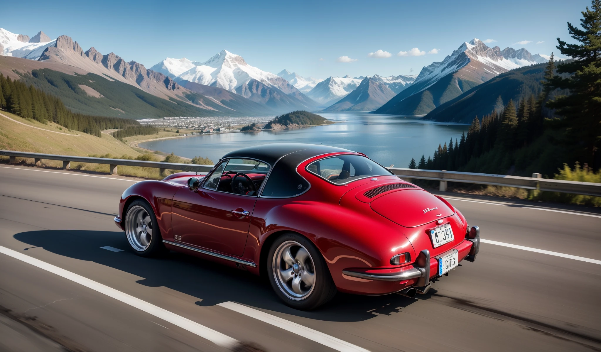 Realistic red Poesche 356 sports car drifting on mountain road, 公式drift, oversteer, Rear tire smoking, Car slides near cliff, drift, Jim Carner, rally crossover, Automatically traverse