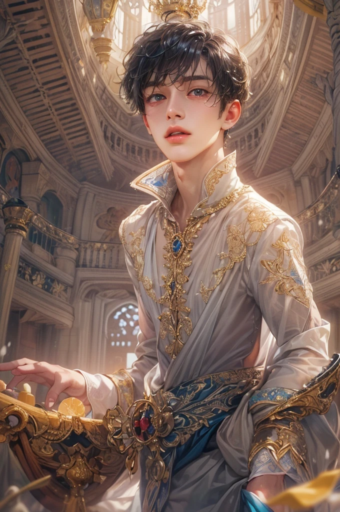 (absurdres, highres, ultra detailed, HDR), masterpiece, best quality, 1 boy , short hair, handsome face, anime eyes, prince from snow white, (handsome(from below:1.1)) detailed interior, detailed character