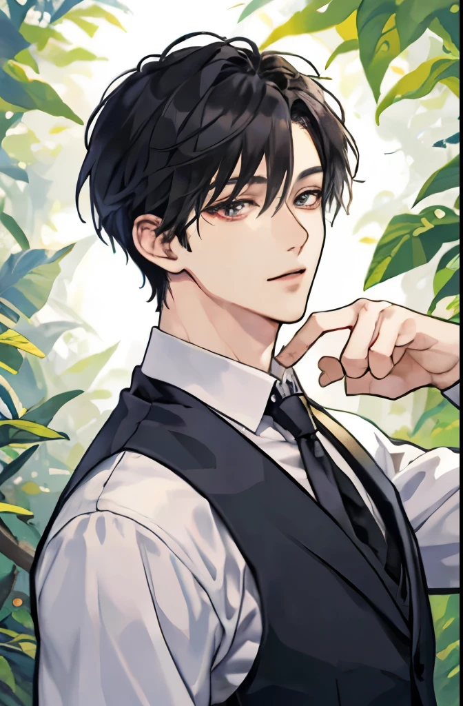 there is a man in white vest and tie standing in front of a forest, inspired by Hisui Sugiura, with very highly detailed face, it has a piercing gaze, handsome stunning realistic, anime handsome man, ultra realistic picture, inspired by Itō Ogura Yonesuke, character close up, sui ishida with black hair, half body picture with hand pose