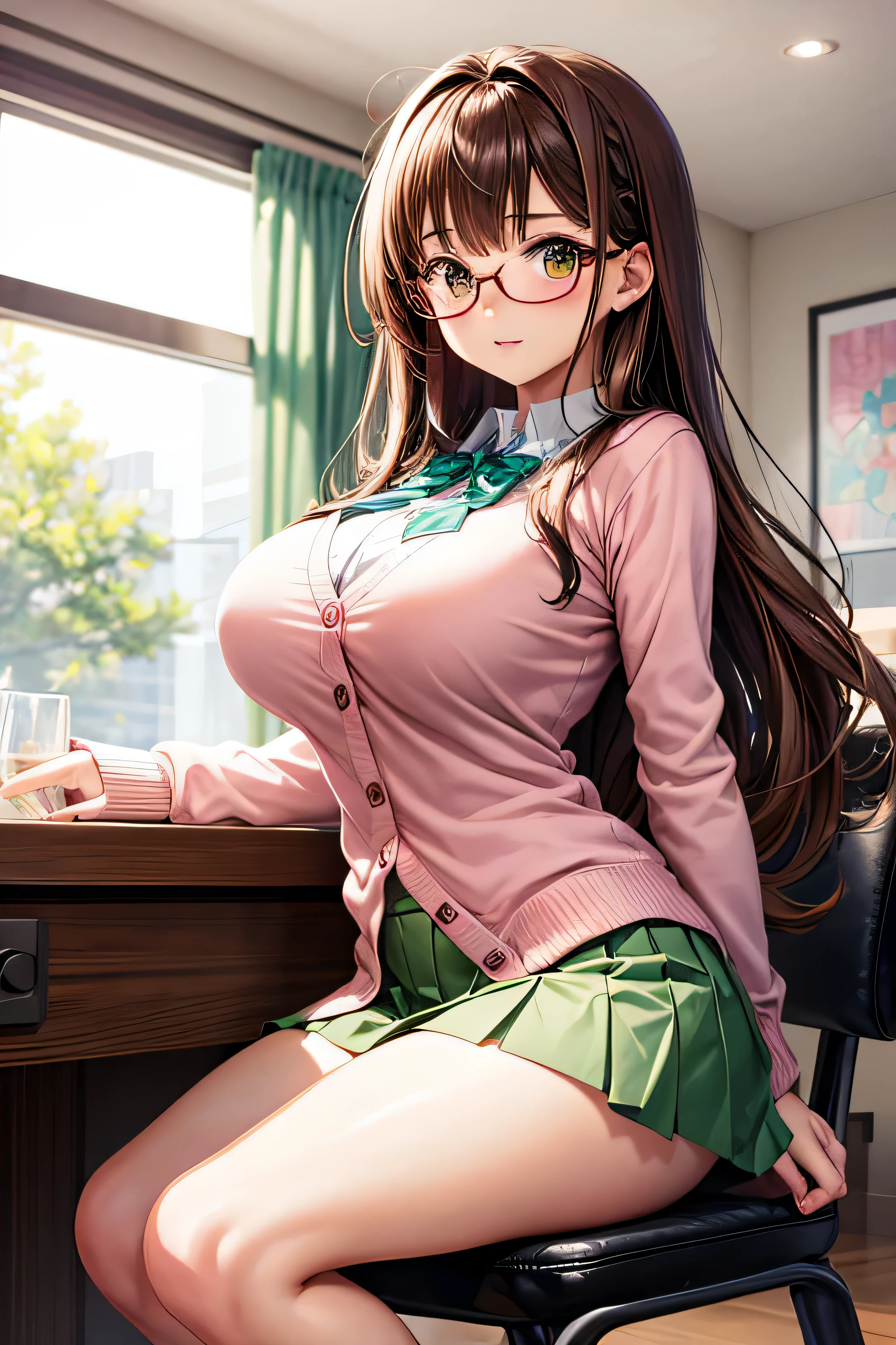 High resolution, high quality, 1 girl, anime girl, Brown hair long hair, brown eyes, Green glasses, tanned skin, big breasts, (big ass),pink cardigan,Tutu skirt,straddle the chair,lower body,