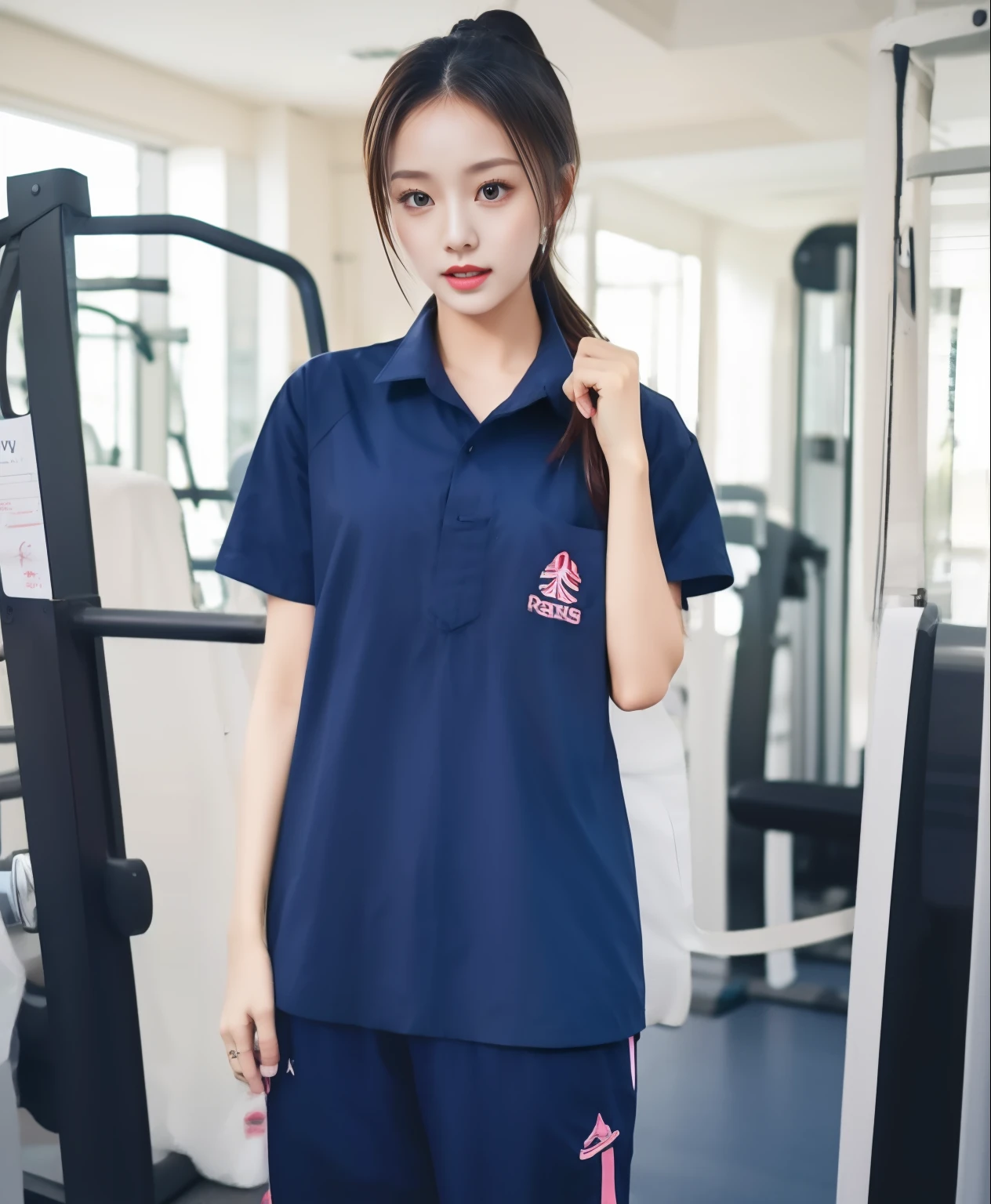 3 girls in fitness center, Navy blue short-sleeved shirt,Navy Long Trackpant,Sweatpants, Sweatpantsขายาว,25 year old girl, lesbian, sexy, exercise clothes, wet body, exercise clothes