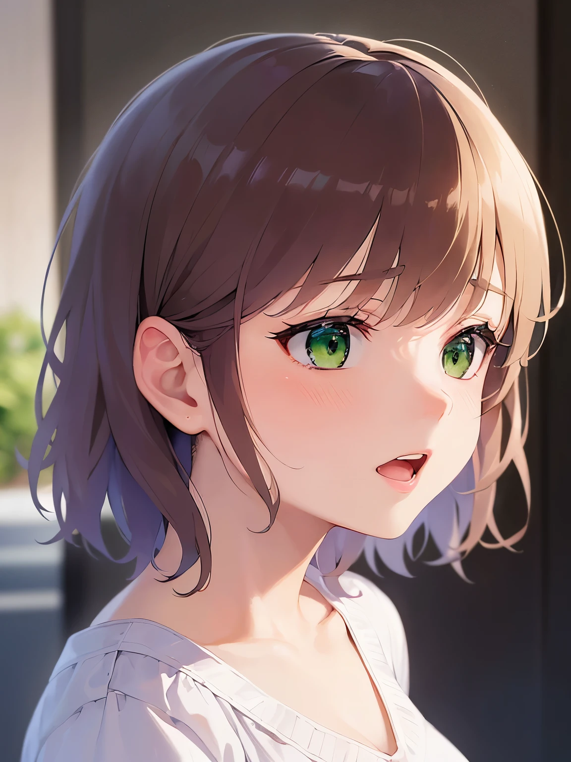 (looking away:1.5), side angle, medium shot, Realistic, real person, RAW photo, photorealistic, portrait photography, shiny skin, japanese idol、(前髪がある20歳の女性), (green eyes:1.5) and (brown hair) and (bob cut) and (wavy hair), (White Short sleeved blouse:1.3)、(scared:1.2), open mouth, 一人きり、立っている、背景は外