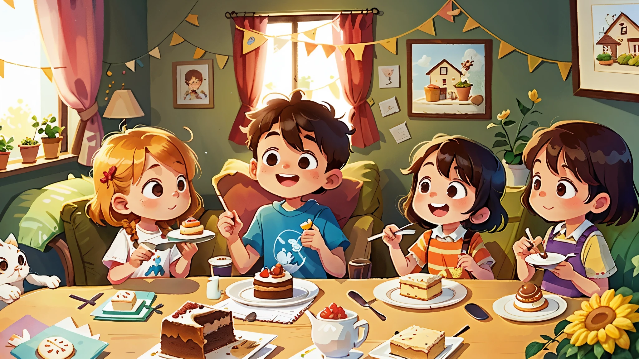 In a cozy house,four children,eating a cake,cake on plate,fork,happy atmosphere (Amanda Clark and A. J. Watercolor illustration by Carson),Minimalism