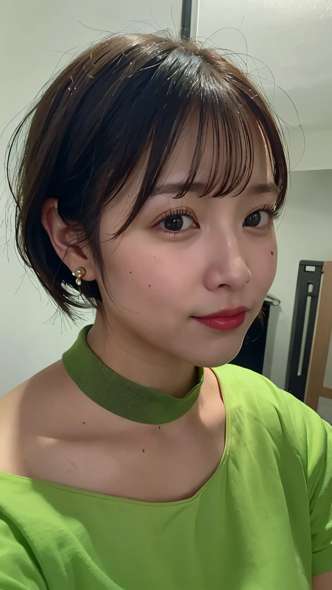 Close-up of a woman in a green shirt, charming neck, neck visible, neck zoomed in, neck zoomed in from lips down, 🤤 girl portrait, collar around neck, Thick jawline, Wearing yellow gauze, hairy neck, Ji Qie, short hair, Chiho, Camera angle looking up at her, camera looking up at her