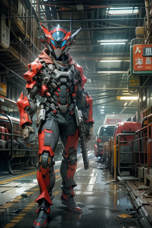 １humanoid machine human１duo of humans、Retro、body is made of metal、Rusty、oil is leaking、spineless helmet、powered suit、He has a big gun in both hands、shooting a gun at the camera、Running on the road、In town、realistic、cowboy shot、creates a dramatic、masterpiece、High definition、High and fine、Depth of bounds written、Natural light、side light、