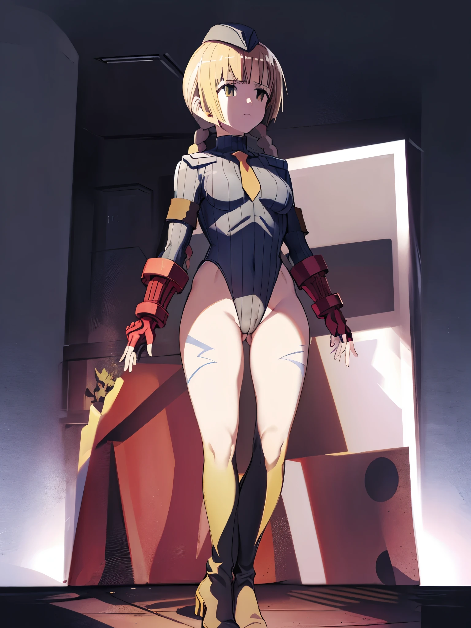 ultra-detailed, Explicit, Beautiful body, Beautiful Nose, Beautiful character design, perfect eyes, perfect face, ultra highres, 4K, beautiful legs, perfect legs, Nice hands, Perfect hand, Masterpiece, Best Quality, Highly detailed, illustration, absurdres, perfect anatomy, street fighter, doll suit, shadaloo doll, dollsuit, expressionless, blank eyes, looking at viewer, red gloves, emotionless, black latex, corrution, mind control, female combatant, full body, hypnotized, unhappy trance, full body suit, ribbed bodysuit, both arms at side, obey, perfect female body, extremely glossy latex, hypnosis, hypnoLora, empty eyes, Mind control device, poses, submissive_pose, Slave, stand up straight, standing, standing at attention, hat, necktie, belt, latex, ribbed bodysuit, thighhighs, garter belt, Fighting Stance, extending the right arm from the shoulder into the air with a straightened hand, military, thigh boots, 1girl, hair ornaments, blonde hair, long hair, amber eyes, (extremely detailed CG unity 8k wallpaper), (masterpiece), (best quality), (ultra-detailed), (best illustration), (best shadow), (absurdres), 1girl, solo, kaede igarashi, twin braids