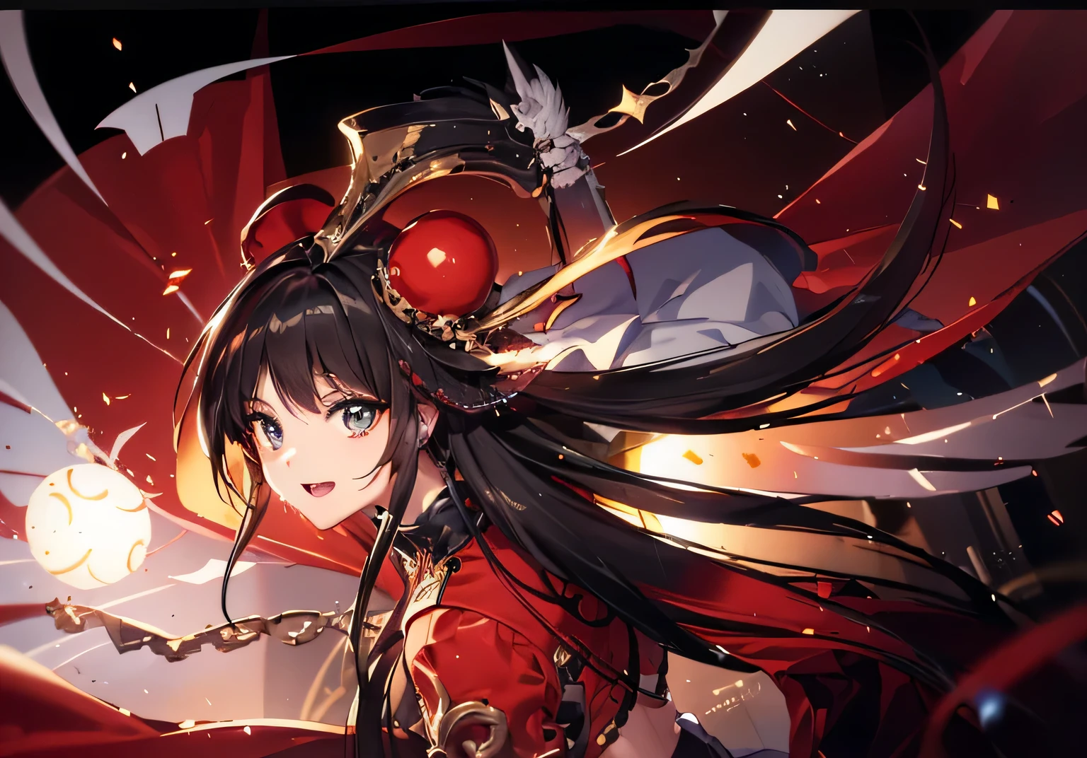 Anime girl with long black hair and red cape holding a sword - SeaArt AI
