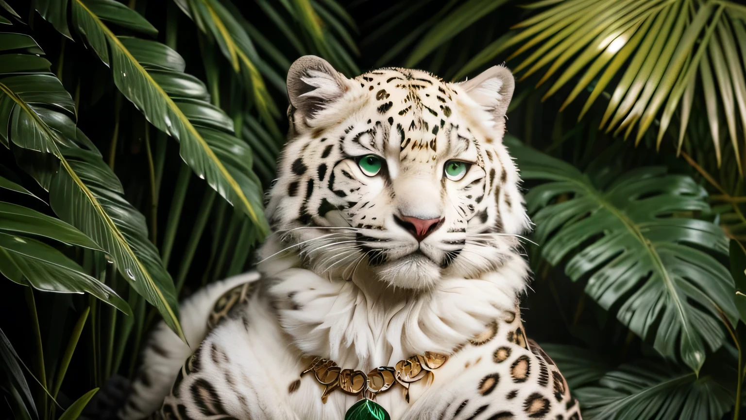 Fluffy coat, round face, big green eyes with sparkly, jaggers, cinematic, eye level, Artistic, rainforest, Eyes and mouth, leaves and water, beautiful fur pattern, Thick gold necklace, Sony, stroboscope, Amazon rainforest, morning, Mysterious, dense forest, muscular, toughness, nice, Animals only, sun, parents and two children, albino jaggers, white jaggers,

