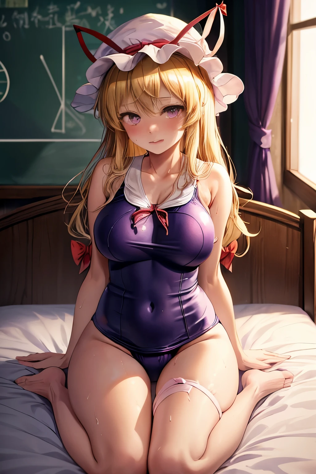 1girl, solo,yakumo yukari, gap (touhou), hat, blonde hair, long hair, hat ribbon, purple eyes, bow, mob cap, animal ears without human ears,(((school swimsuit))),full body,bed room,(Big tits, sweaty, nipple line, straddling)