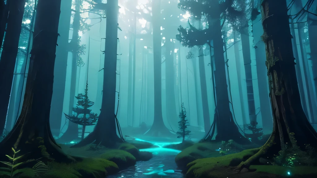gaming art style. a surreal turquoise forest where the air shimmers with the light of a giant turquoise moon. Towering trees are adorned with intricate, glowing spiderwebs that stretch between branches like luminous bridges. The pine forest floor is carpeted with moss and bioluminescent flora, creating an otherworldly scene that feels both beautiful and haunting.