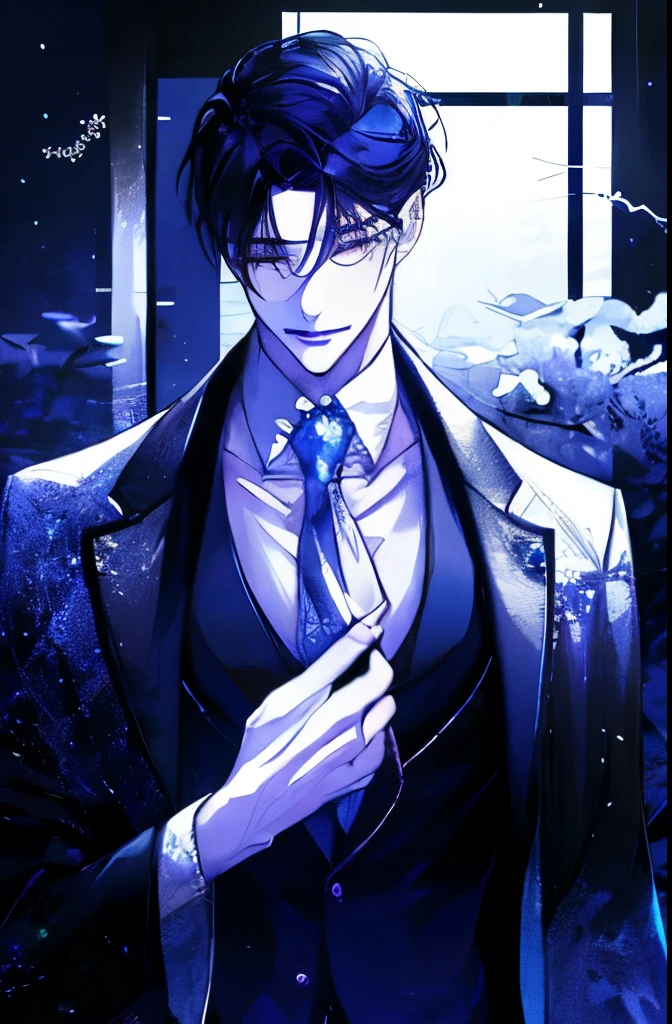 there is a man in white vest and tie standing in front of window with snowy night scenery. inspired by Hisui Sugiura, with very highly detailed face, it has a piercing gaze, handsome stunning realistic, anime handsome man, ultra realistic picture, inspired by Itō Ogura Yonesuke, character close up, sui ishida with black hair, half body picture with hand pose, great lightning