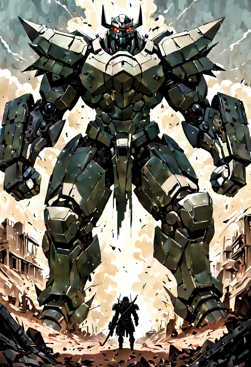 Mecha Warrior, massive hulking partly human cyborg beast heavily armed and armored charging through postapocalyptic wasteland Hyper-detailed masterpiece by Joe Fenton Tracy J. Butler Brian Kesinger WLOP Wadim Kashin Ismail Inceoglu Jordan Grimmer splash art watercolor dark and gritty