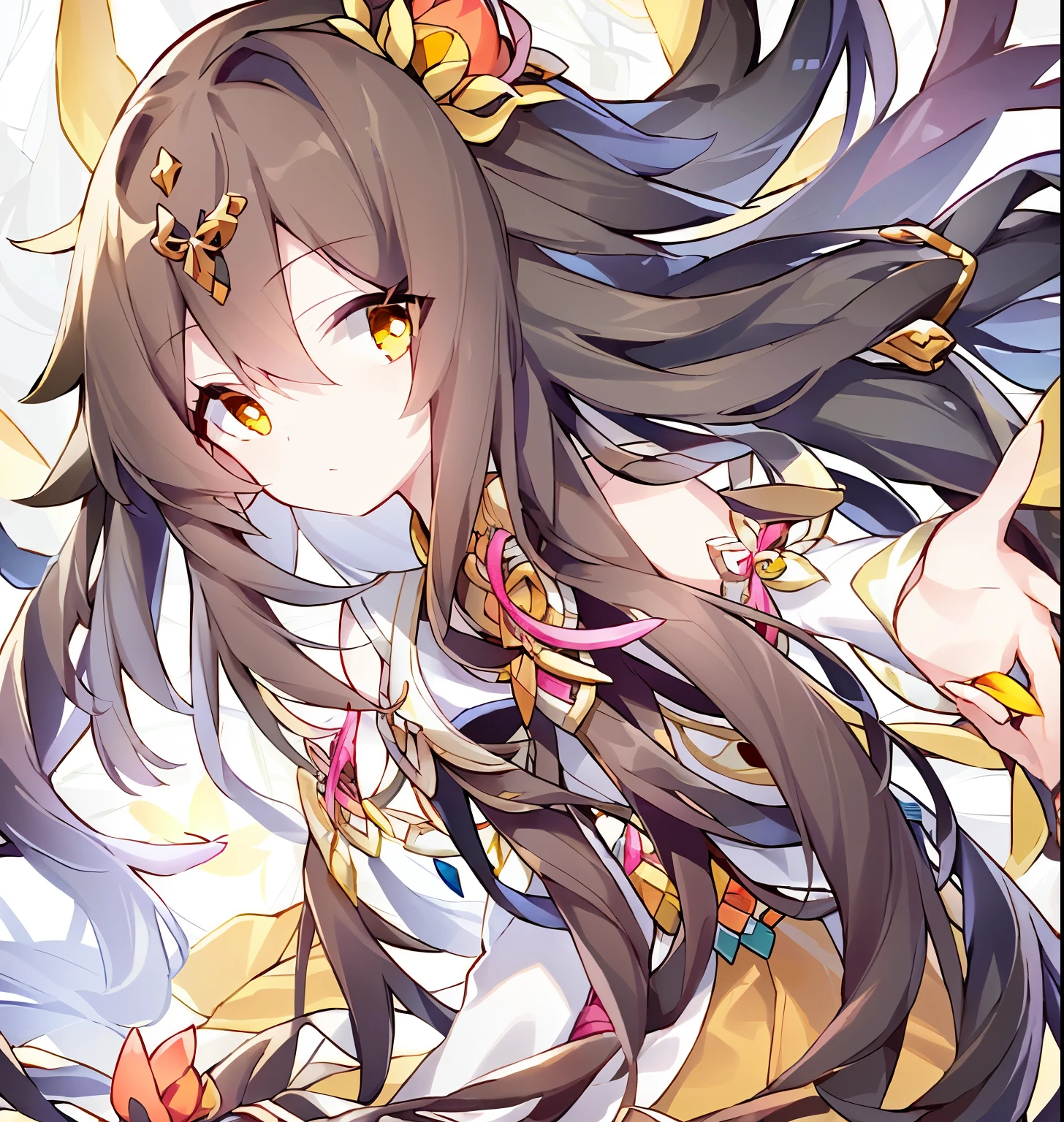 Genshin avatar,((A girl with long hair, dark brown hair and orange eyes))), hair between eyes, (((The white silk coat is a bit yellow))), ((Dark green skirt)), (Wear a pink lotus on the right side of your forehead), Pink flowers and green leaves in her hair, (A light ribbon tied around the waist), Long and wide sleeves, perfect quality, clear focus, (masterpiece), (best quality) ,Delicate skin: 1.3 ,intricate details,8k,delicate eyes),sharp focus, happy