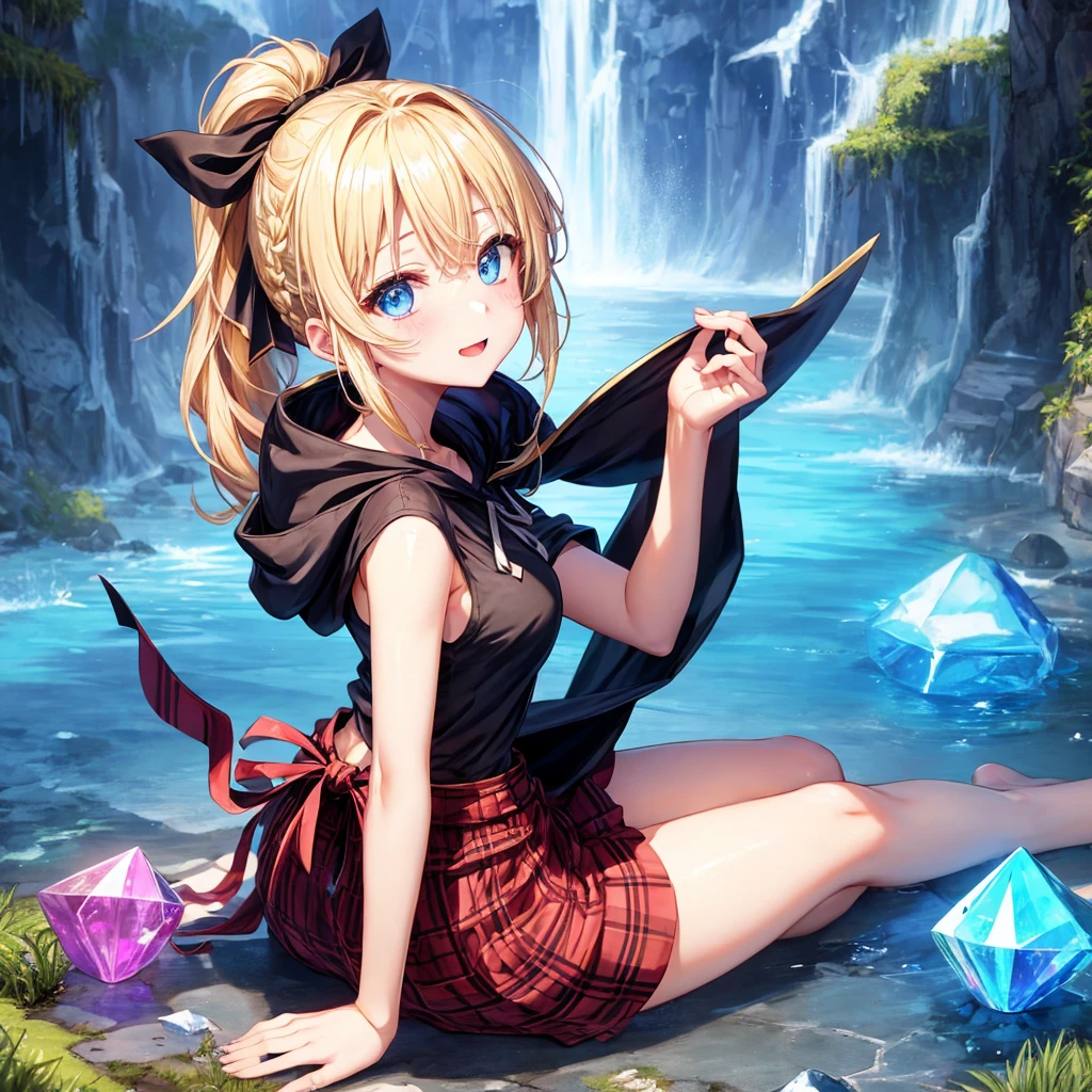 patina hair、blue eyes、Braid、ponytail、one good looking girl、solo、anime、Plaid miniskirt、camisole、black t-shirt、Tilting your face、Doing the ribbon、Ribbon at waist、cloak、the ground is cracked、Crystal Grotto、wearing a hood、look back、Baibai、sitting