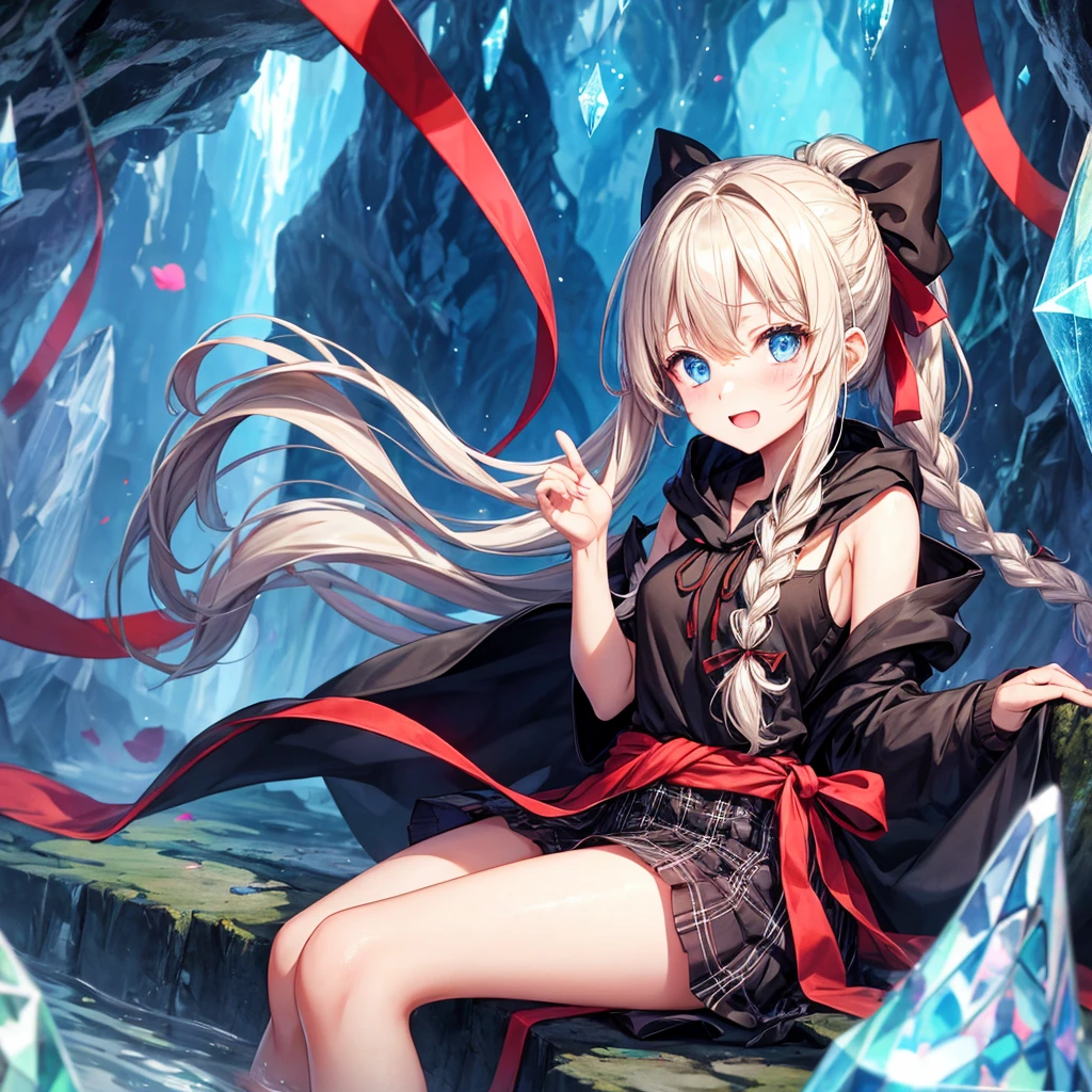 patina hair、blue eyes、Braid、ponytail、one good looking girl、solo、anime、Plaid miniskirt、camisole、black t-shirt、Tilting your face、Doing the ribbon、Ribbon at waist、cloak、the ground is cracked、Crystal Grotto、wearing a hood、look back、Baibai、sitting