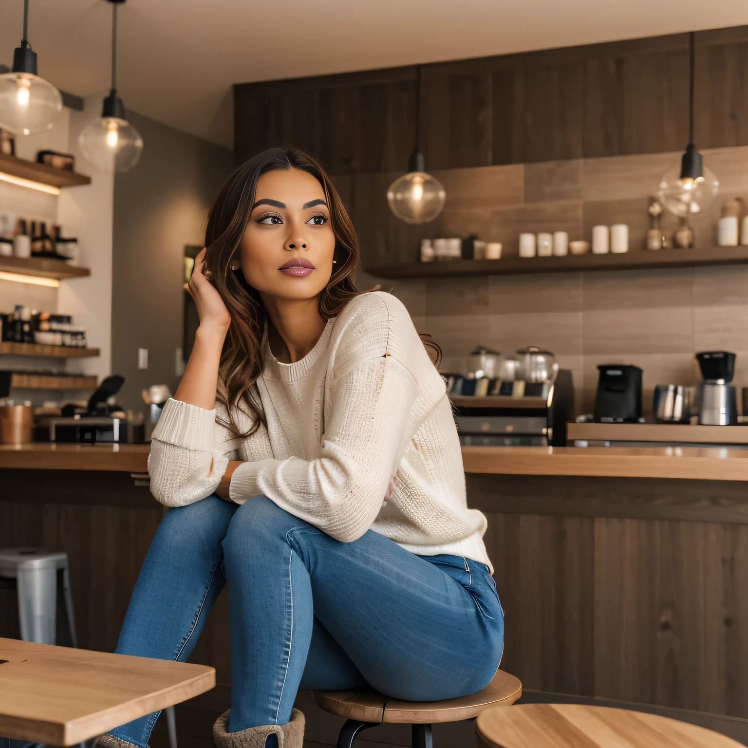 Generate a hyper-realistic image of a woman seated in a quaint café, ensuring to avoid common errors that reduce realism. She should be dressed in modern, casual attire appropriate for a relaxed yet stylish social setting, such as a soft, textured knit sweater and well-fitting jeans, complemented by tasteful ankle boots. Her makeup should enhance her features subtly, avoiding any exaggerated elements that could appear cartoonish. She should be positioned naturally, with a comfortable posture that doesn't appear stiff or posed. The lighting must be soft and diffuse, resembling natural daylight without harsh shadows or overexposure. Background details like the café environment, including patrons and baristas, should be present but out of focus to maintain depth and avoid cluttering the scene. Any sign of digital artifacting, disproportion, or uncanny facial expressions must be absent to achieve a believable and lifelike depiction